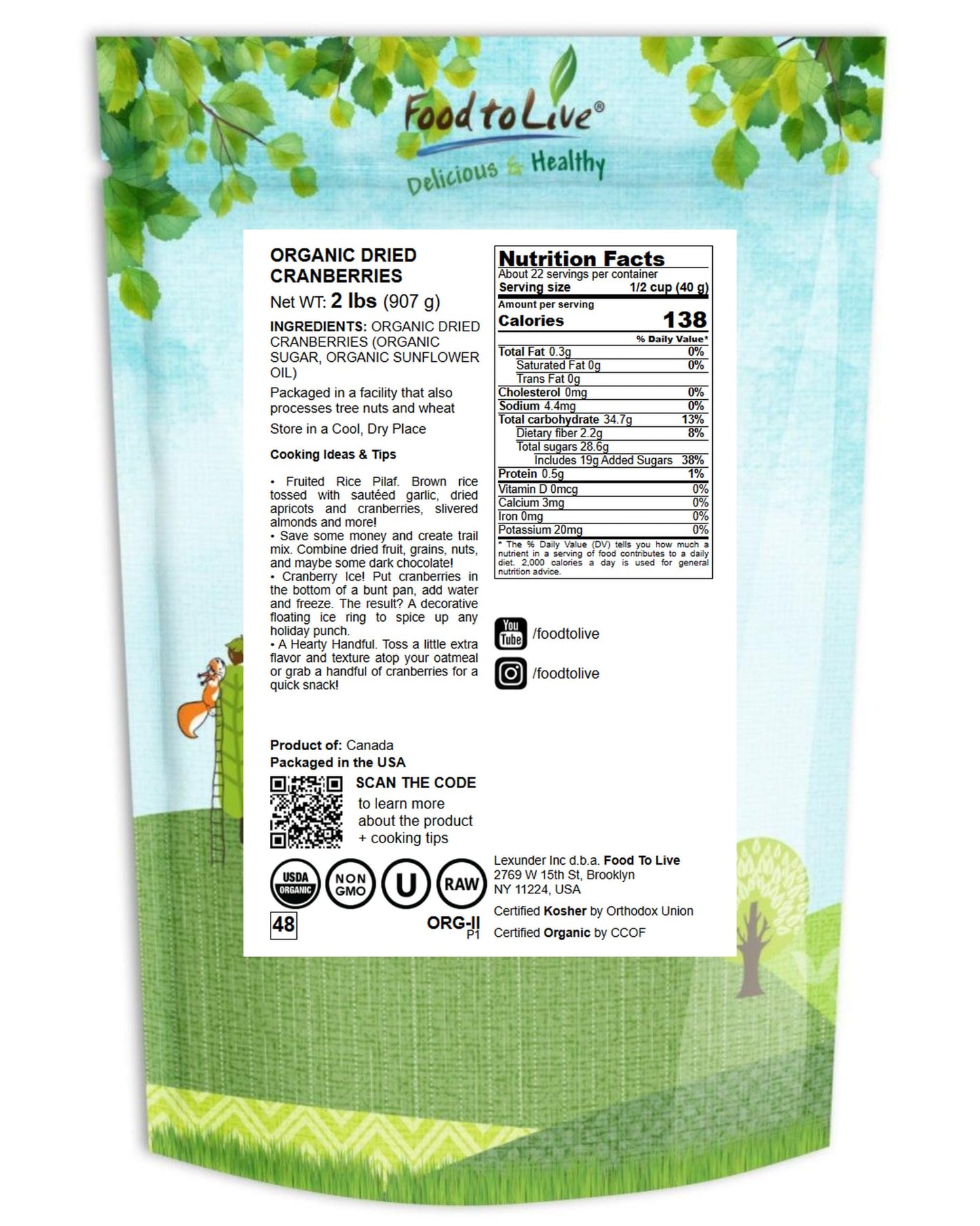 Food to Live Organic Dried Cranberries, 2 Pounds - Non-GMO, Kosher, Unsulfured, Bulk