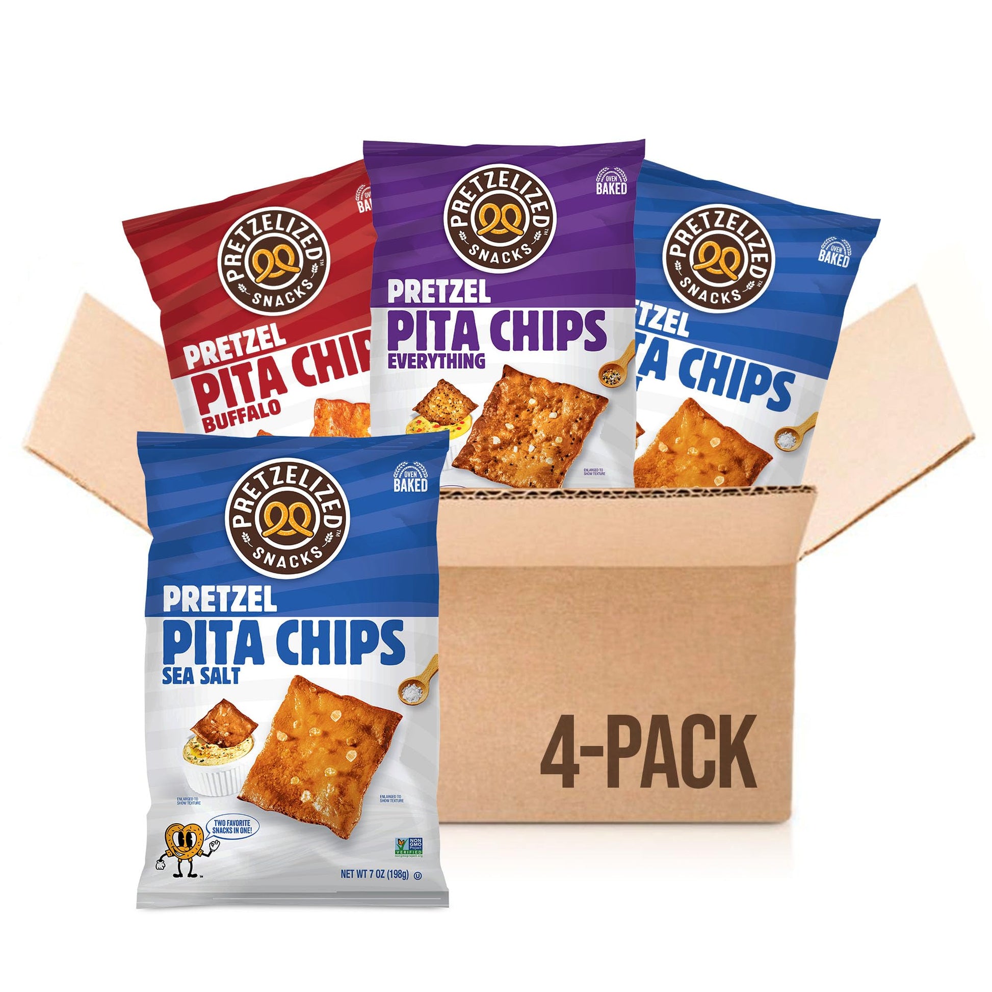 PRETZELIZED Snacks Pretzelized Pretzel Pita Variety Pack - Sea Salt, Everything, Buffalo - 7 Ounce (Pack of 4)