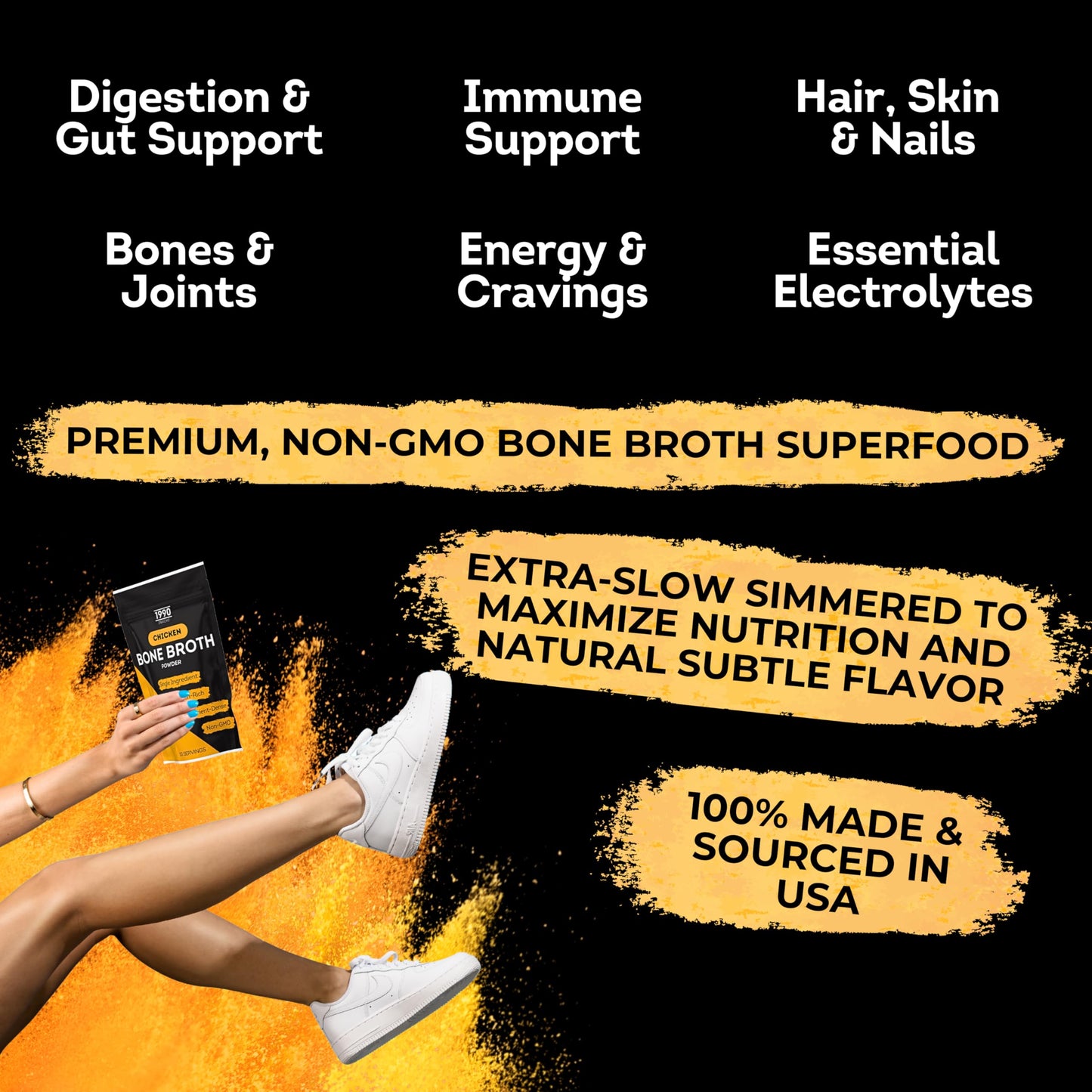 Premium Chicken Bone Broth Powder, 10 Servings, 100% Made & Sourced In Usa, 10G Protein For Only 40 Calories Per Serving, Non-Gm