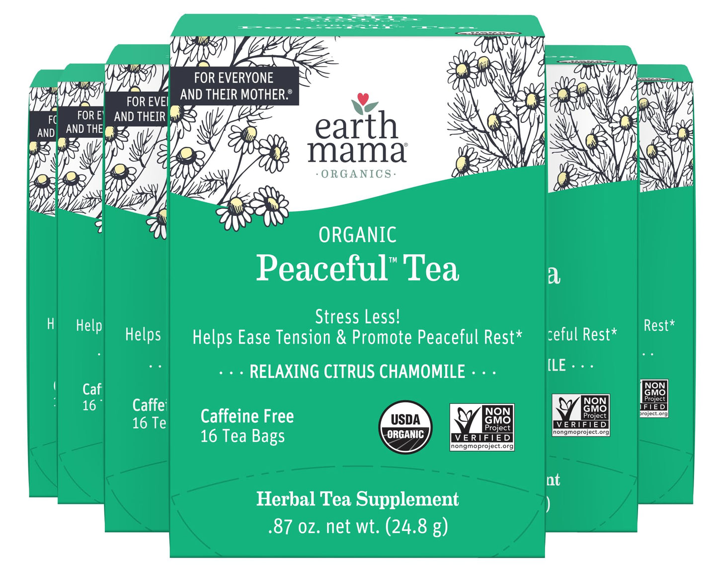 Earth Mama Organic Peaceful Tea - Calming Herbal Blend, 16 Count (Pack of 6)