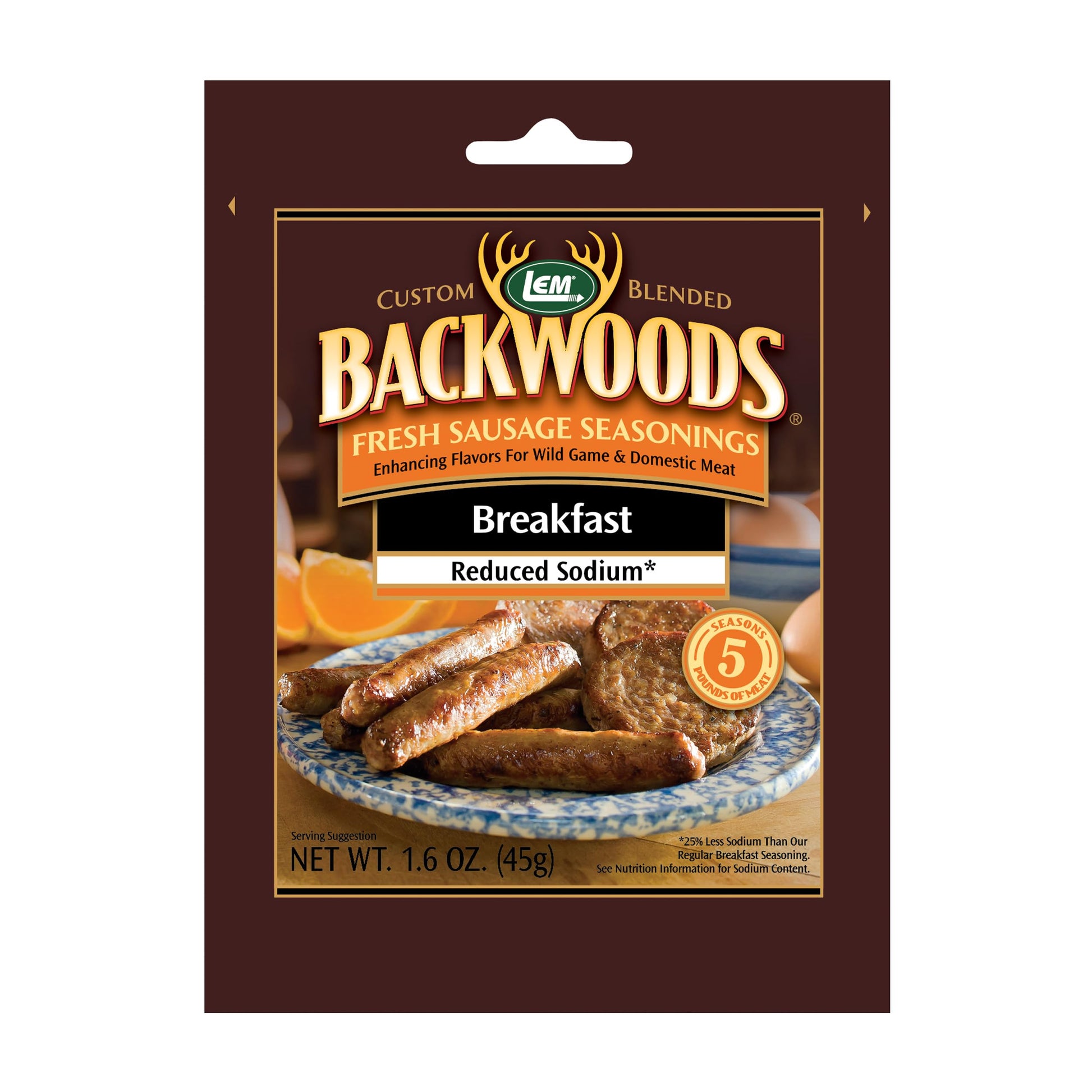 Lem Products Backwoods Reduced Sodium Breakfast Fresh Sausage Seasoning, Ideal For Wild Game And Domestic Meat, Seasons Up To 5 Pounds Of Meat, 1.6 Ounce Packet