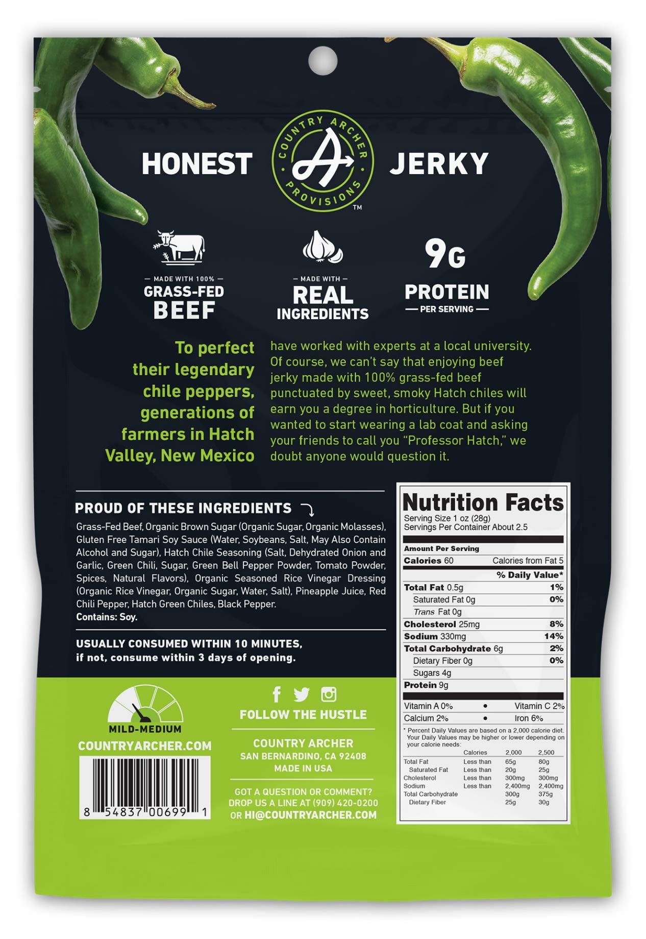 Country Archer Hatch Chile Beef Jerky, 100% Grass-Fed, Gluten Free, 2.5 Ounce (4 Pack)