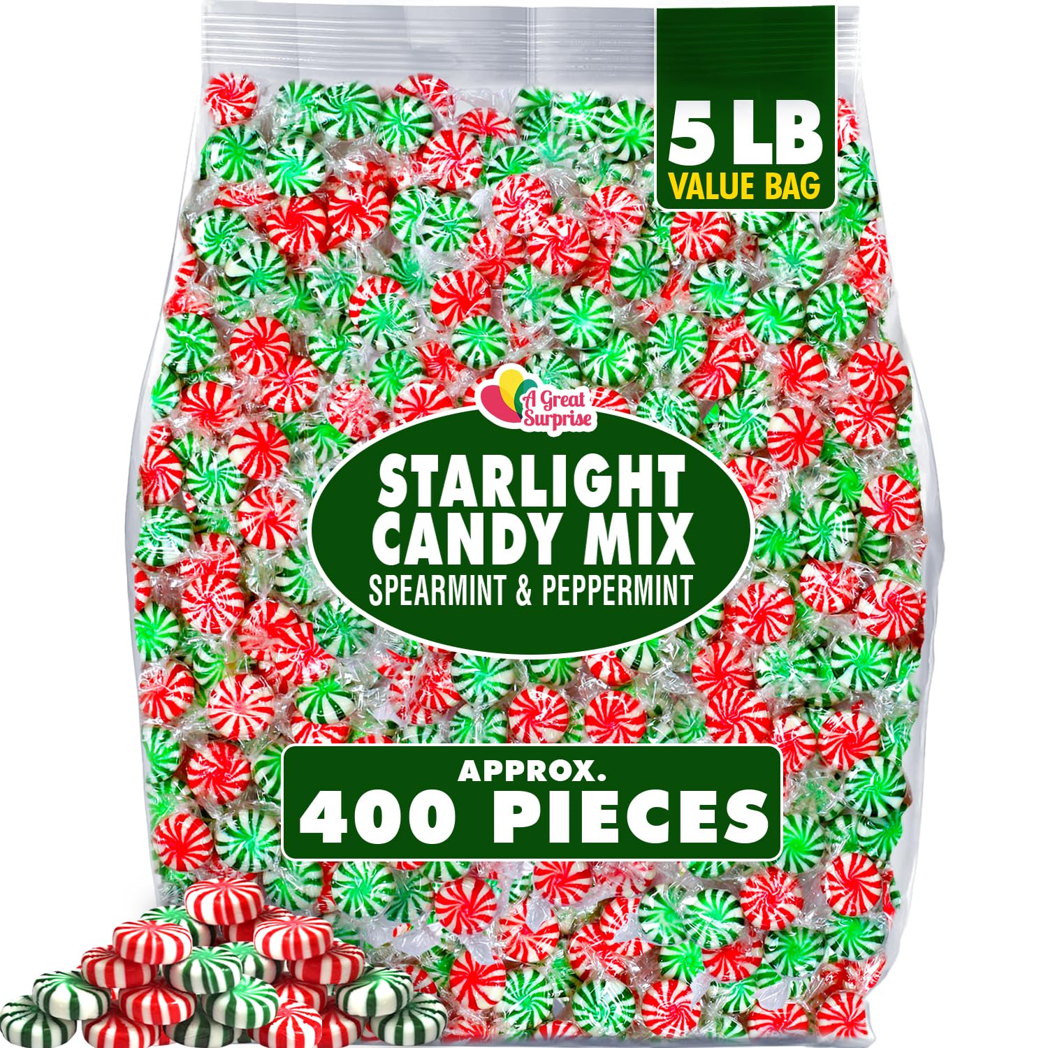 Starlight Mints Bulk - 5 Pounds - Refreshing Candy Individually Wrapped - Spearmint and Peppermint Hard Candy - Office, Hospital