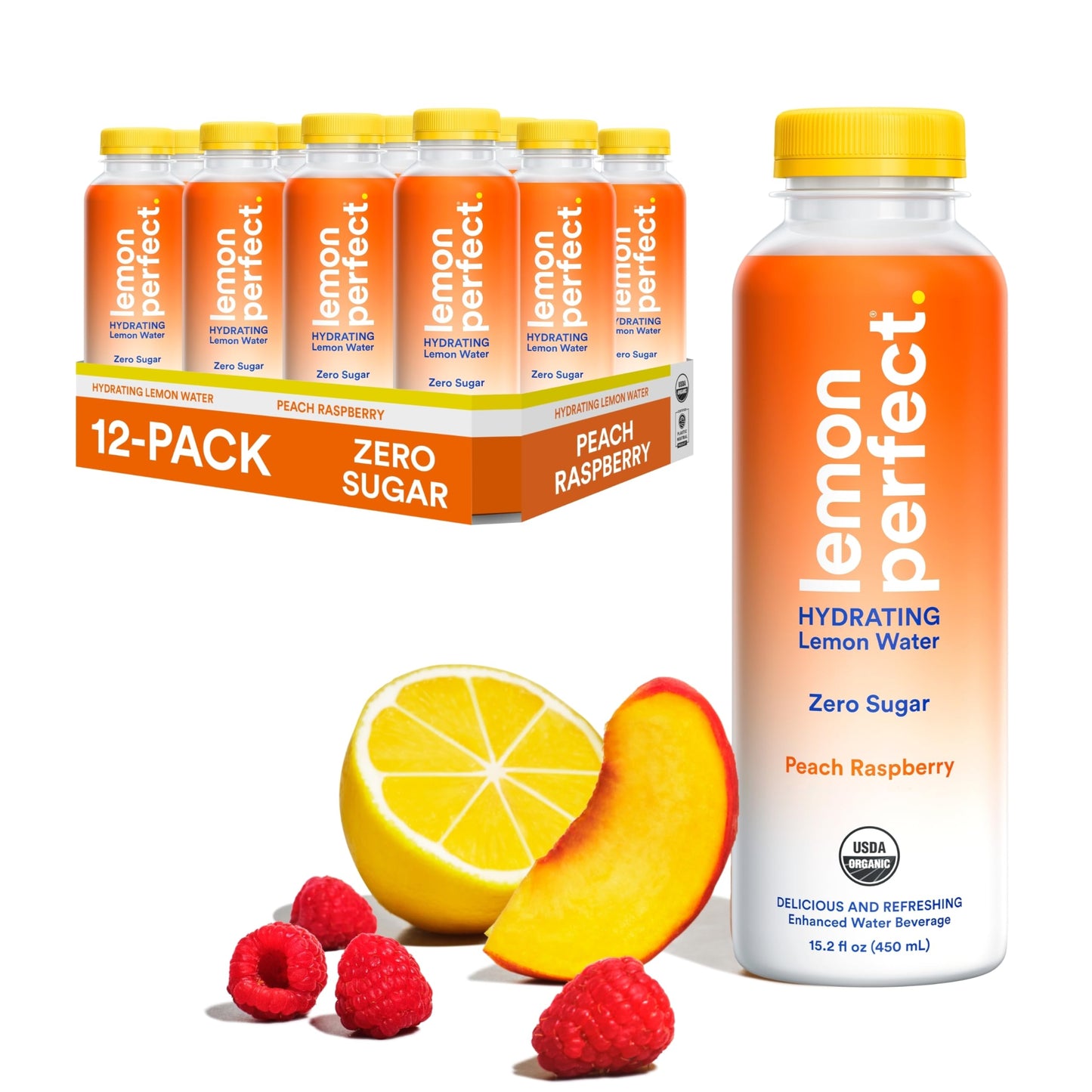 Lemon Perfect Peach Raspberry, Hydrating Flavored Lemon Water, Zero Sugar, Delicious and Refreshing, Organic, 15.2 fl oz Bottles
