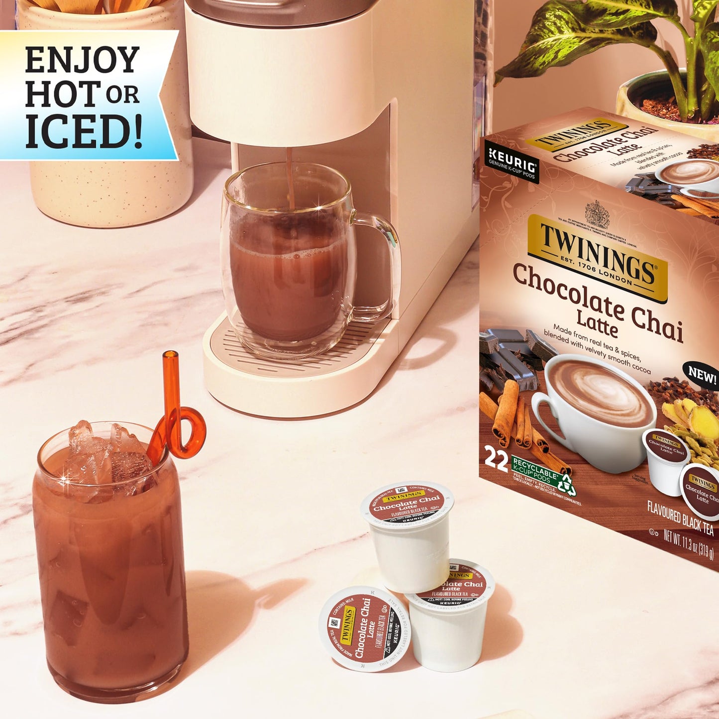 NEW Twinings Chocolate Chai Latte Tea K-Cup Pods for Keurig, 22 Count (Pack of 1), Velvety Smooth Cocoa with Real Spiced Tea, Ca