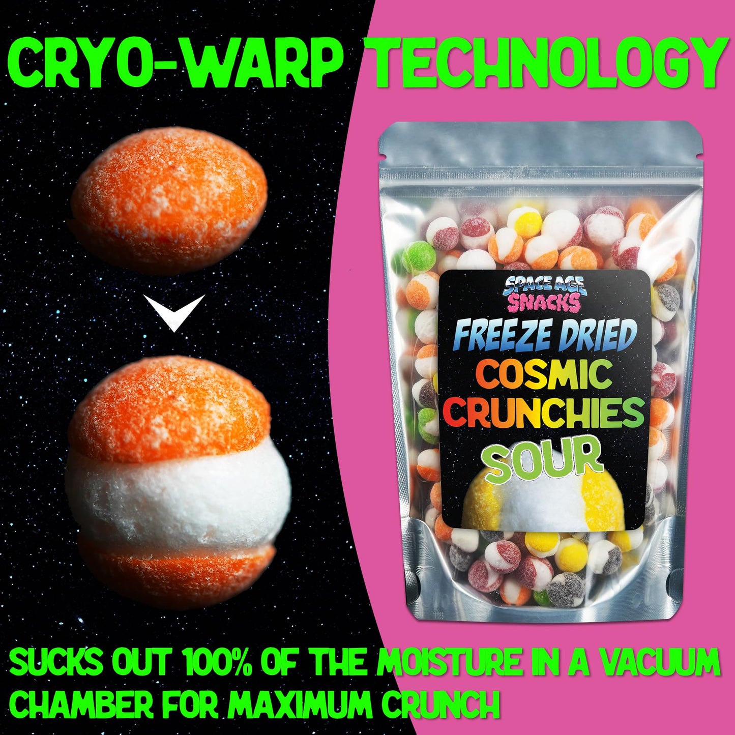 Space Age Snacks Sour Freeze Dried Candy - 4 Ounce Gourmet Crunchies