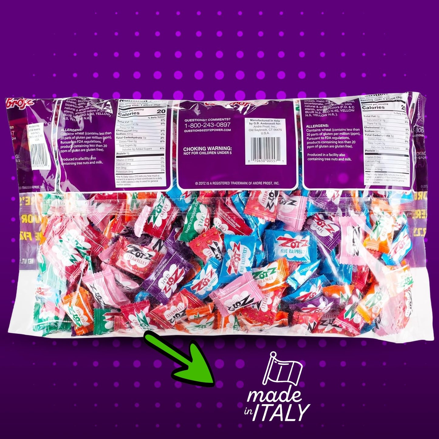Zotz Fizzy Bulk Candy (Assorted, 425 Units)- Hard Candy Individually Wrapped- Assorted Fruit Flavors, Cherry, Watermelon, Strawb