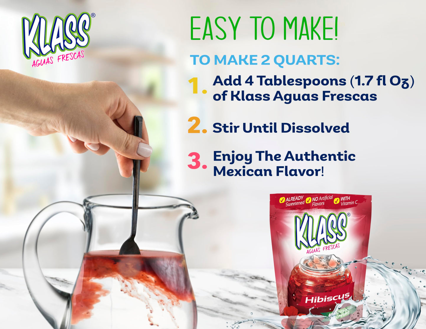 Klass Aguas Frescas |Drink Mix Hibiscus | Flavors From Natural Sources, No Artificial Flavors, With Vitamin C (Makes 7 To 9 Quarts) 14.1 Oz Family Pack (4-Pack)
