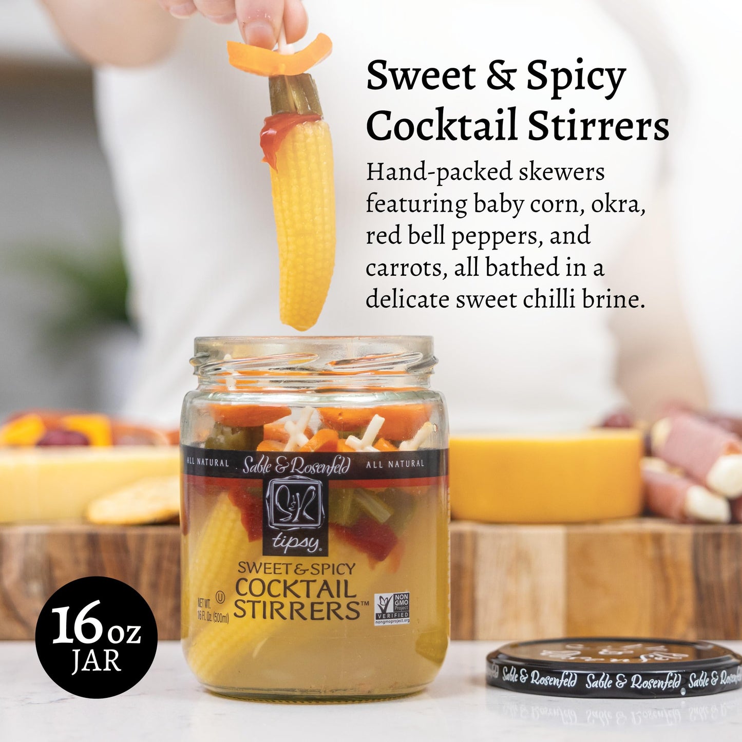 Sable & Rosenfeld Cocktail Stirrers, Sweet & Spicy Pickled Vegetable Garnish, 16 Fl Oz Jar, Non-GMO, Kosher, Gluten-Free