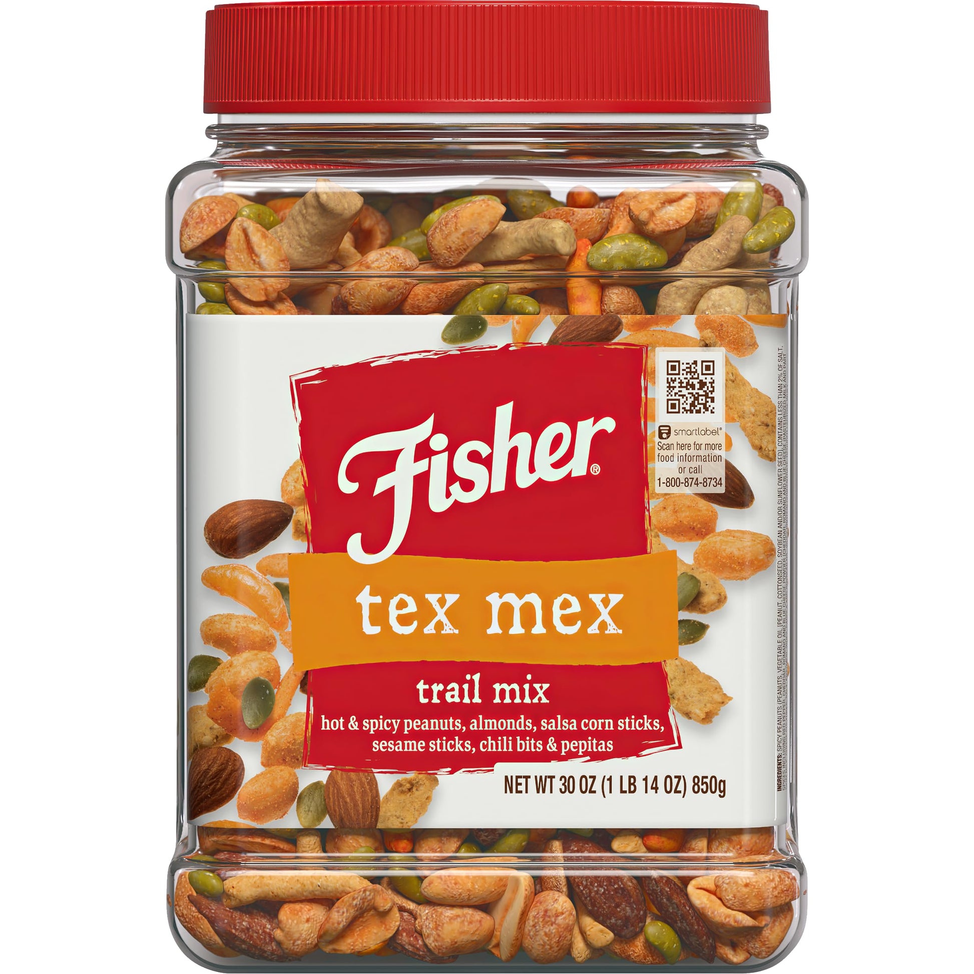 Fisher Snack Tex Mex Bulk Trail Mix, 30 oz (Pack of 1); Hot & Spicy Peanuts, Almonds, Salsa Corn Sticks, Sesame Sticks, Chili Bi