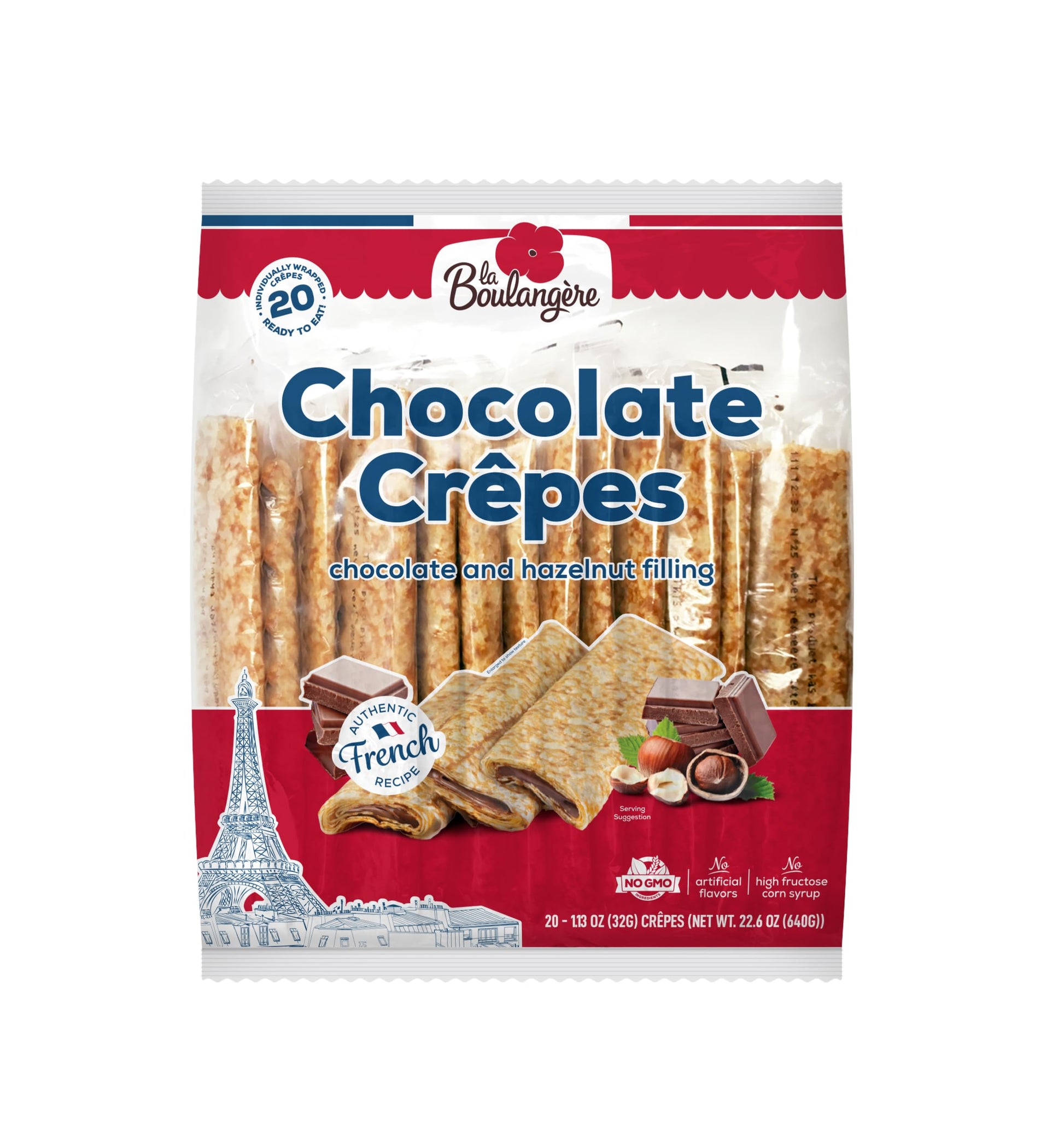 La Boulangere Chocolate Hazelnut Crepes, Individually Wrapped, Non Gmo, Free From Artificial Flavors & Colors, 20-Count