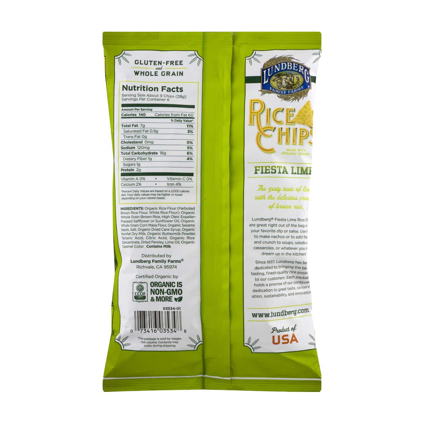 Lundberg Rice Chips, Fiesta Lime, 6 Oz (Pack Of 12), Gluten-Free, Made With Organic Grains