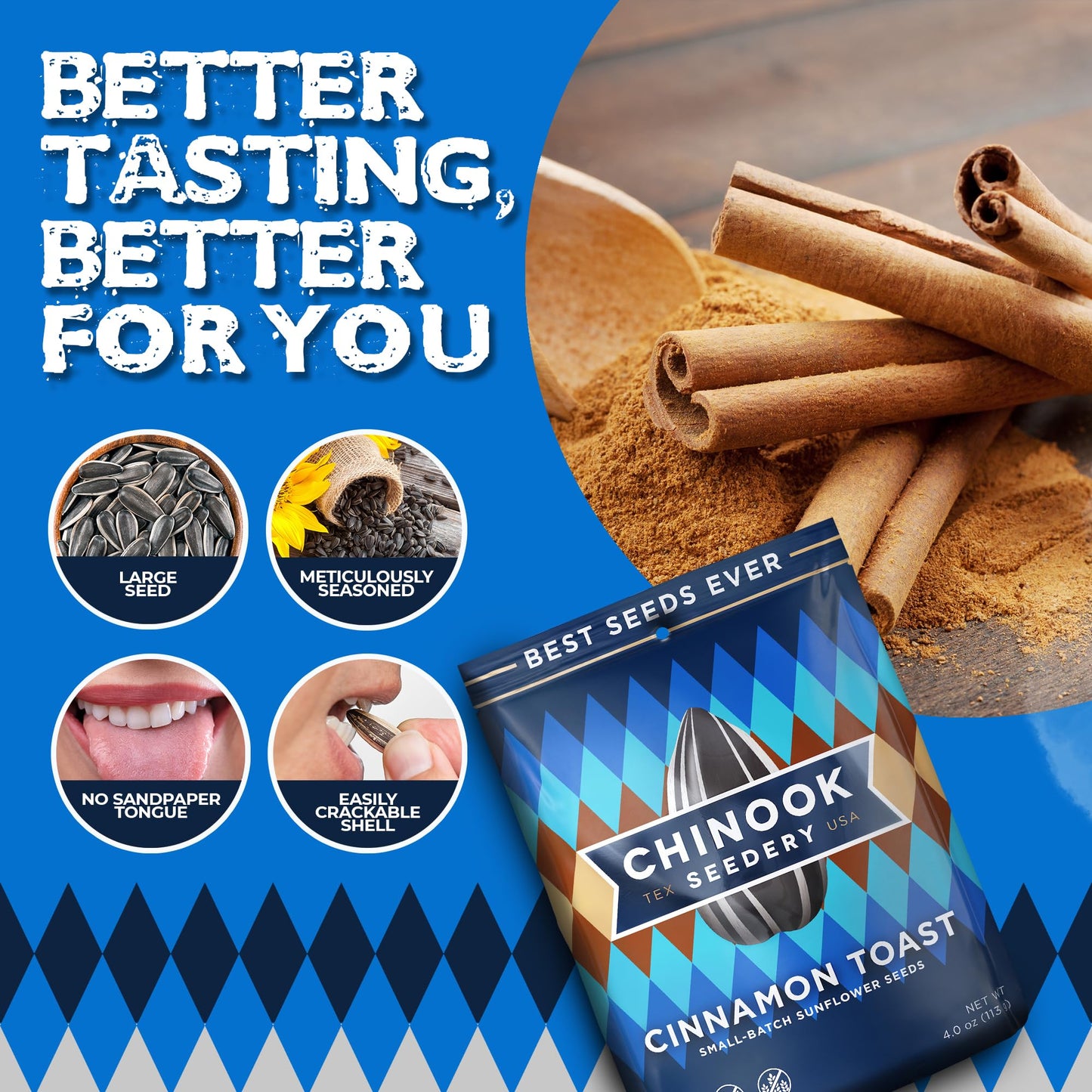 Chinook Seedery Roasted Jumbo Sunflower Seeds - Keto Snacks - Gluten Free, Non GMO - 4 oz (Pack of 3) - Cinnamon Toast Flavor