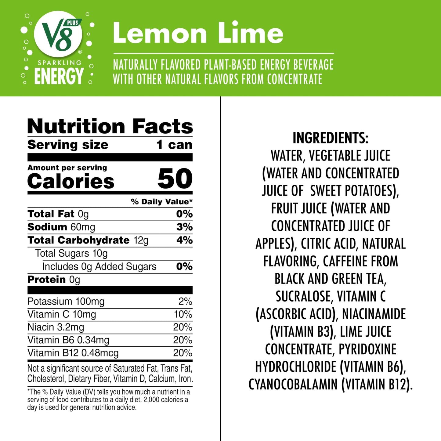 V8 +ENERGY Lemon Lime Energy Drink, Pack of 12 Cans, 11.5 Fl Oz Each, Made with Real Juices