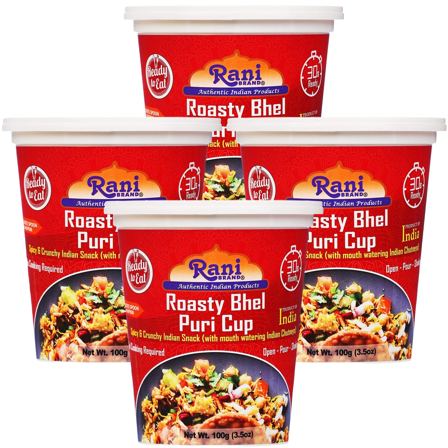 Rani Roasty Bhel Puri Cup (Spicy & Crunchy Indian Snack w/ mouth watering Indian Chutneys) 3.5oz (100g), Pack of 4 ~ Ready to Ea