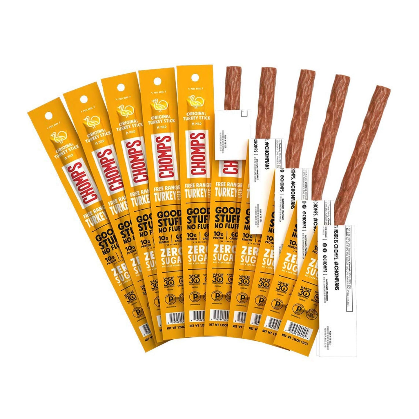 Chomps Free Range Turkey Jerky Snack, Keto, Paleo, Low Carb, 60 Calories, 1.15 Oz Sticks, 10 Pack