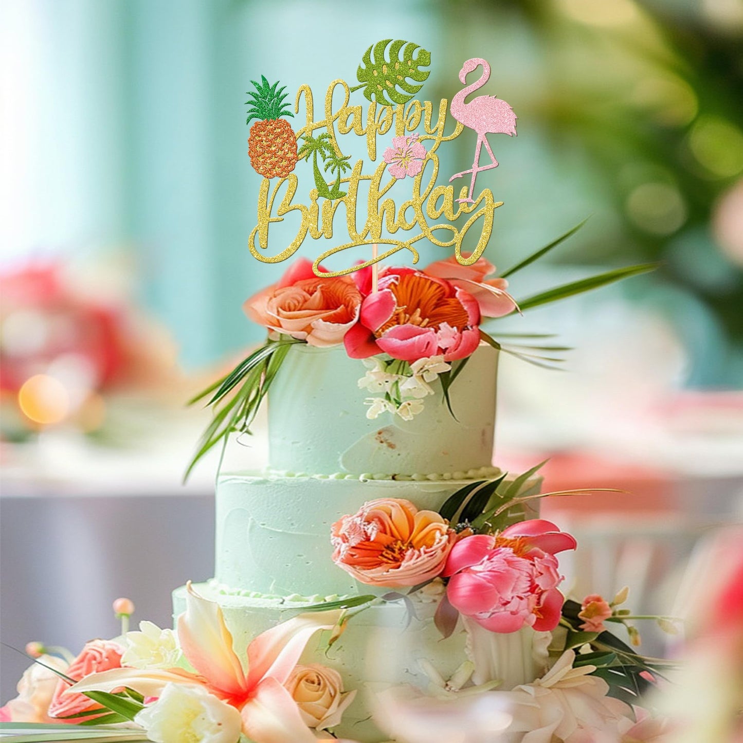 1 Pcs Tropical Luau Happy Birthday Cake Topper Glitter Flower Palm Tree Flamingo Turtle Leaf Pineapple Aloha Cake Pick For Summer Beach Hawaii Luau Theme Birthday Party Cake Decorations Supplies