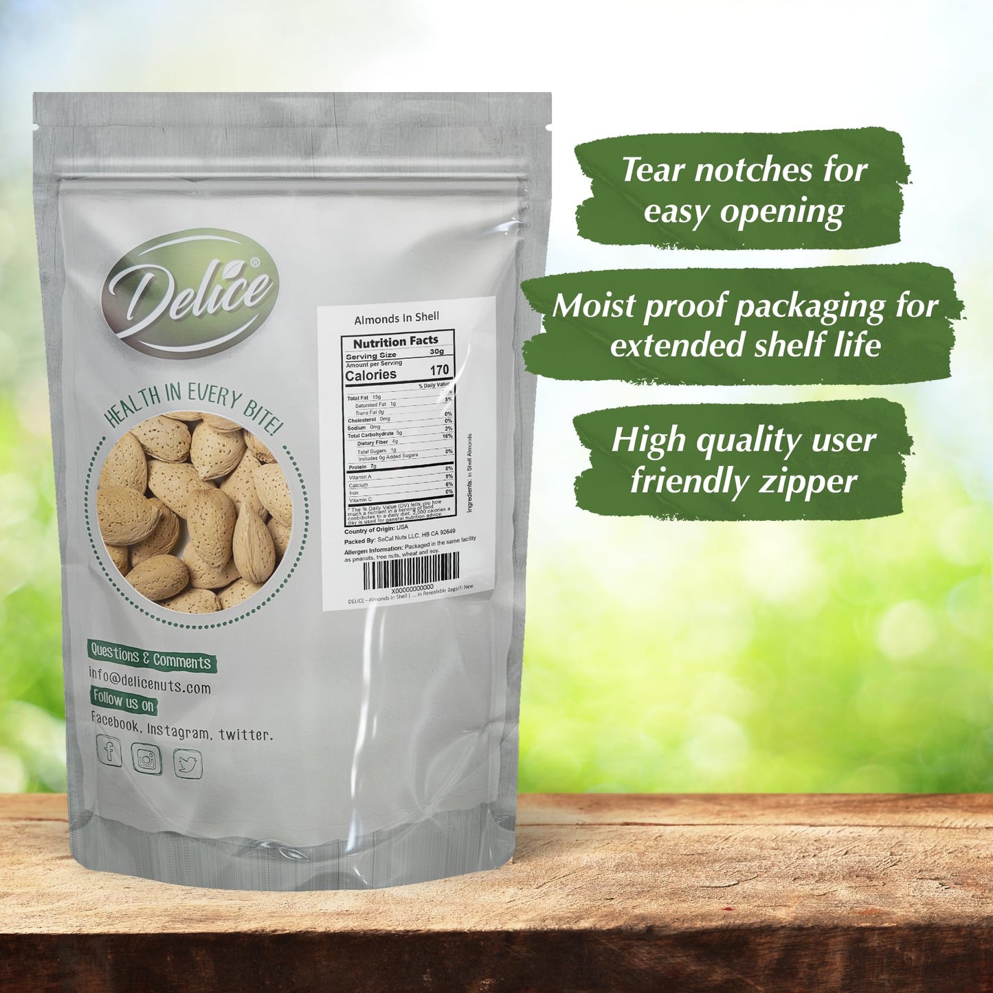 Delice Almonds In Shell - Raw, Unsalted, 1 Pound Resealable Bag - Fresh and Easy to