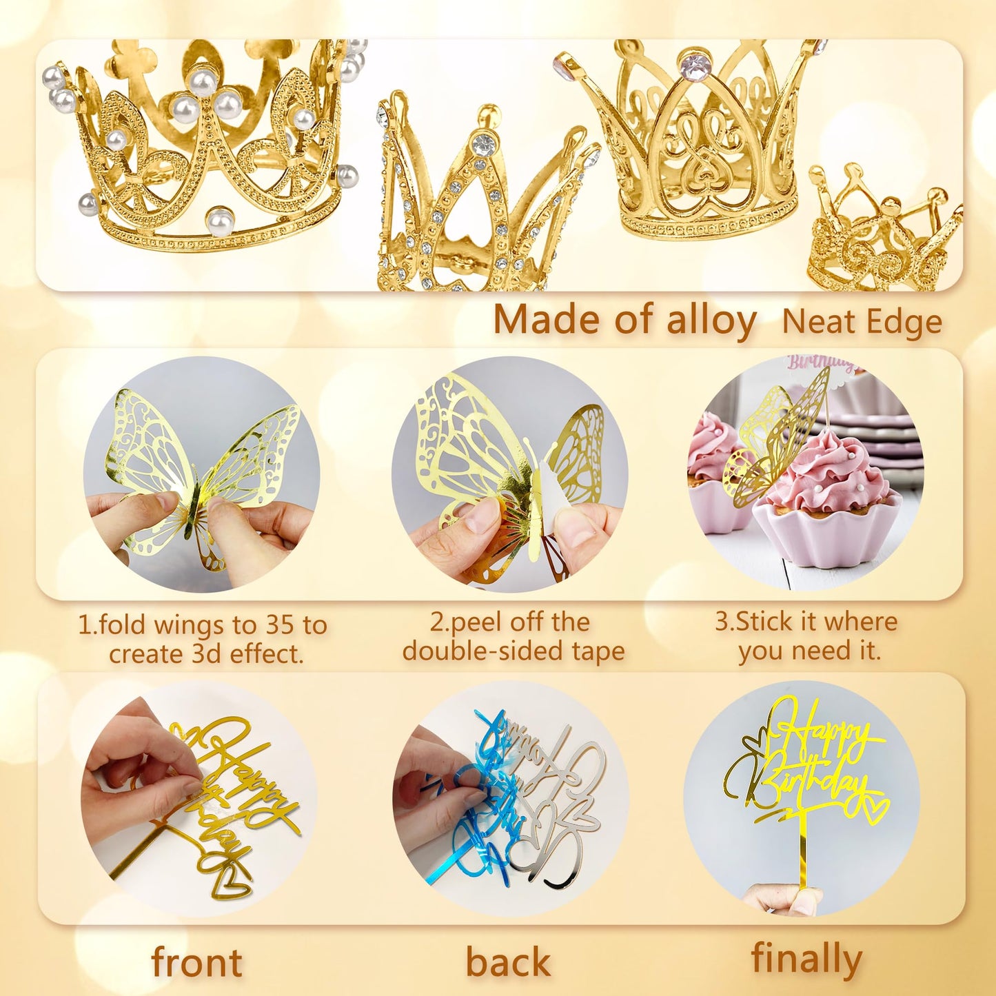 44 Pcs Gold Crown Cake Decoration 16 Pcs Mini Crown Tiny Crown With 24 Pcs Butterfly Wall Decors And 4 Pcs Birthday Cake Topper