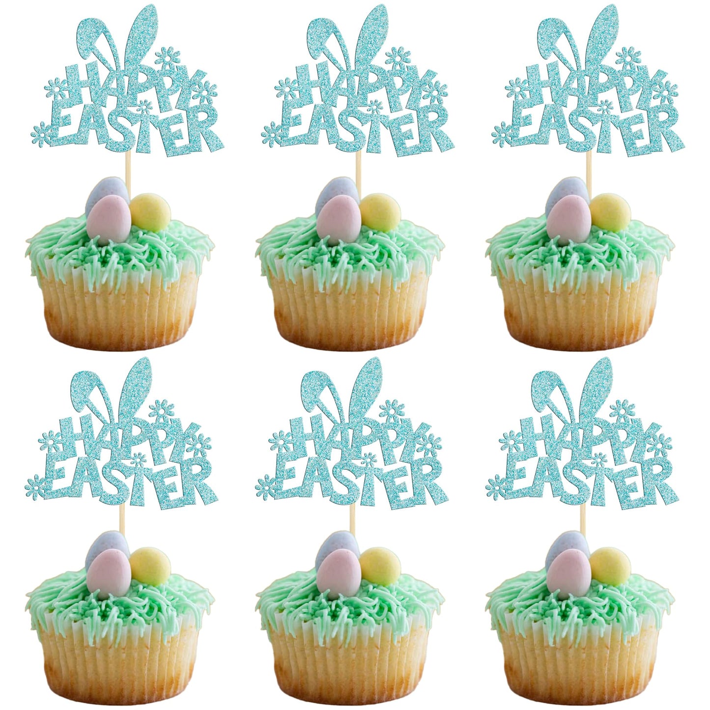 Gyufise 24Pcs Happy Easter Cupcake Toppers Blue Glitter Bunny Ear Cupcake Food Picks Decorations For Happy Easter Themed Baby Shower Kids Birthday Party Supplies