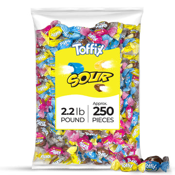 Toffix Sour Chews, Center-Filled Soft Chewy Candy, 250 Pieces of Individually Wrapped Snacks for Kids & Adults, Strawberry, Blue