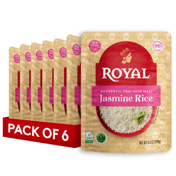 Royal Authentic Thai Hom Mali White Jasmine Rice - Microwave Rice - Dinner Side Dish - (6 Pack) 8.5 oz Pouch