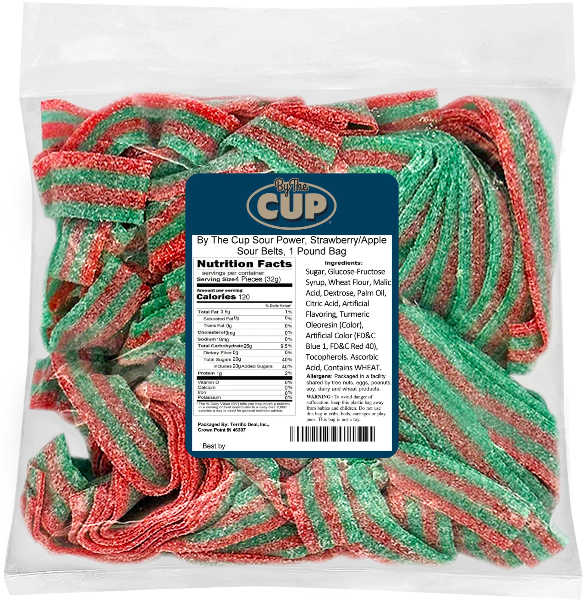 By The Cup Sour Power Strawberry Apple Sour Belts, 1 lb Bulk Bag