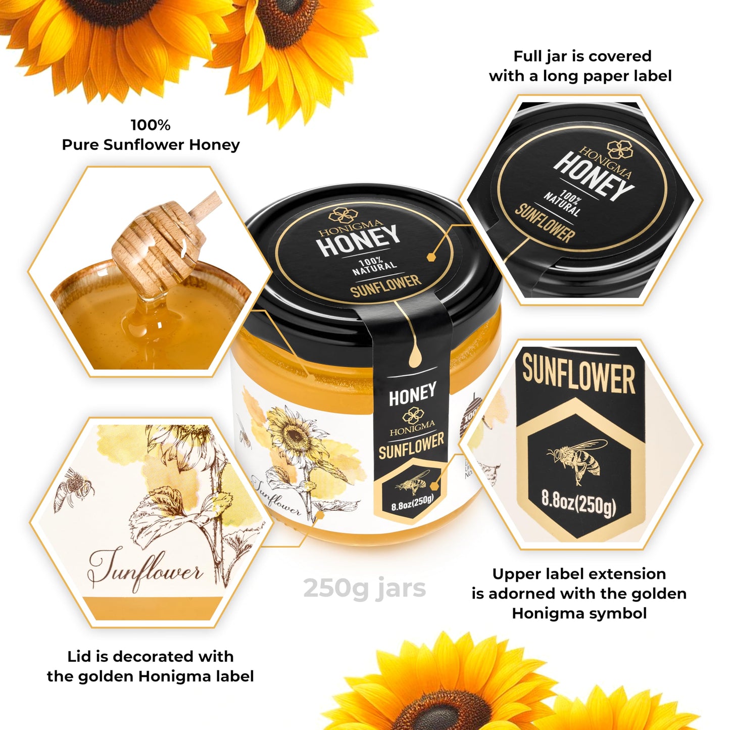 Honigma Raw Sunflowers Honey | Exquisite Taste | 100% Pure | Unpasteurized | Unfiltered | Partially Crystallized | 250G/8.8Oz