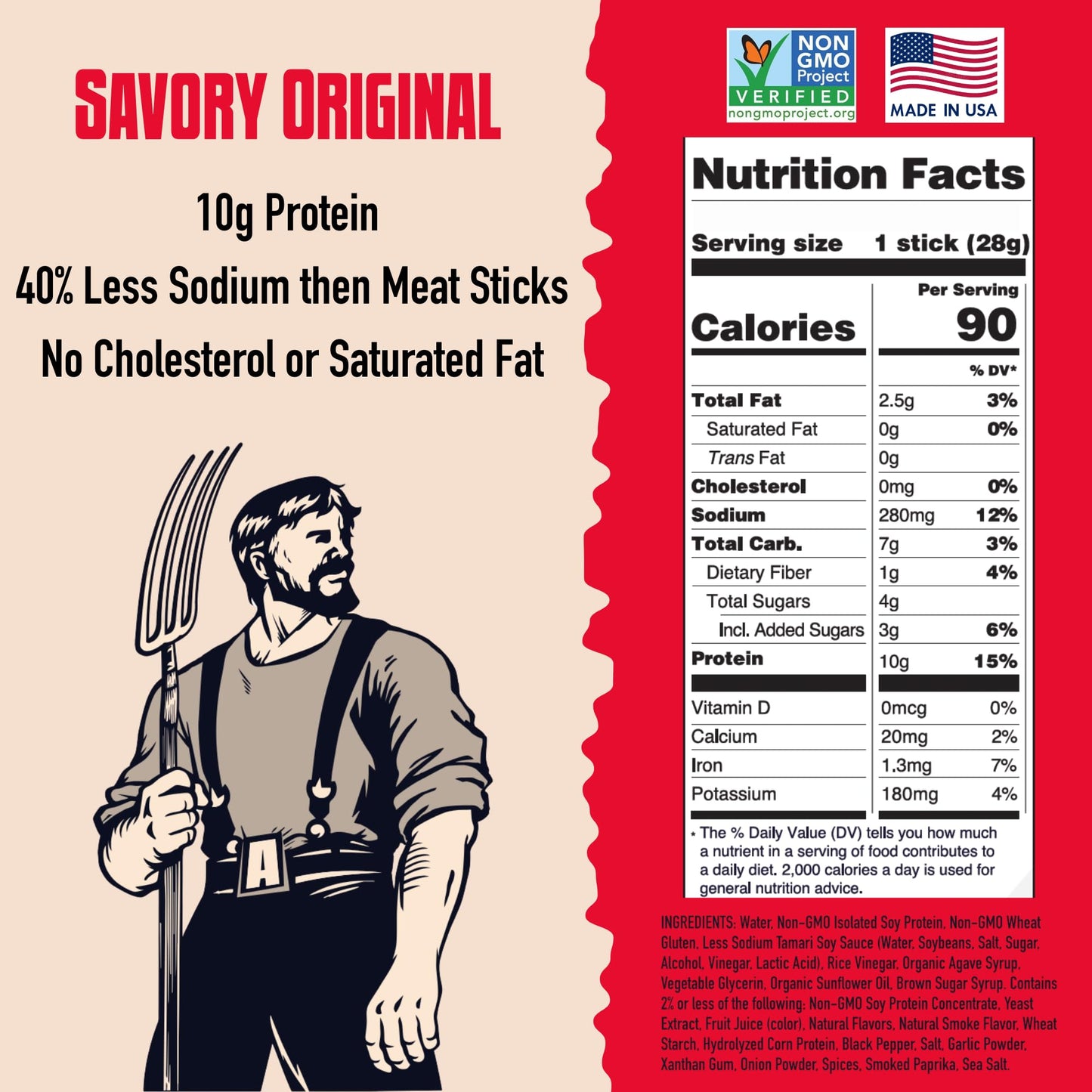 AGRO POWER Vegan Jerky Sticks  Savory Original Plant-Based  7 Stick Bag with 10g Protein  Non-GMO  40% Less Sodium  Zero Cholesterol  Meat Alternative  High Protein Snack for Lunch  On-the-Go Fuel