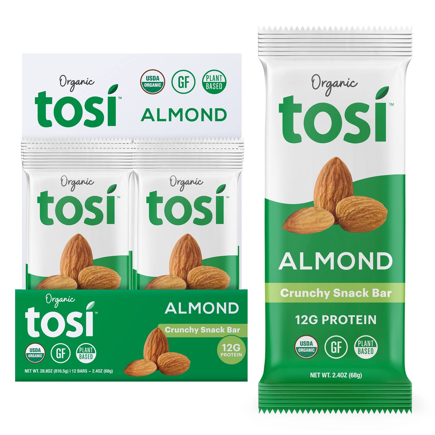 Tosi Almond Protein Bars, Plant Based with Nuts, Gluten-Free Crunchy Snacks, Vegan, Organic, Flax & Chia Seeds, Soy-Free, Omega 