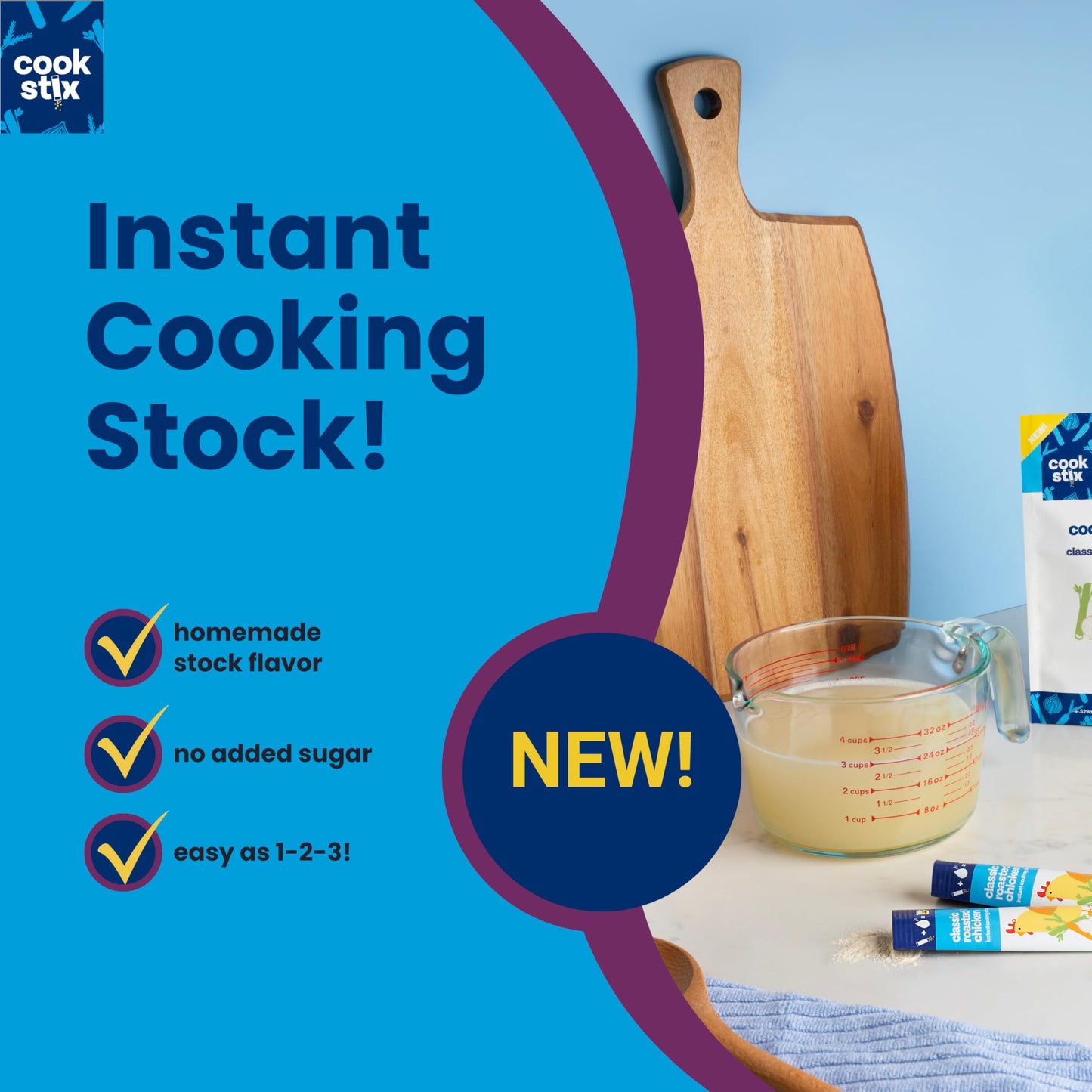 Cookstix Classic Instant Chicken Stock Sticks – Clean-Label, No Sugar Added, Lower Sodium – 4 Pack