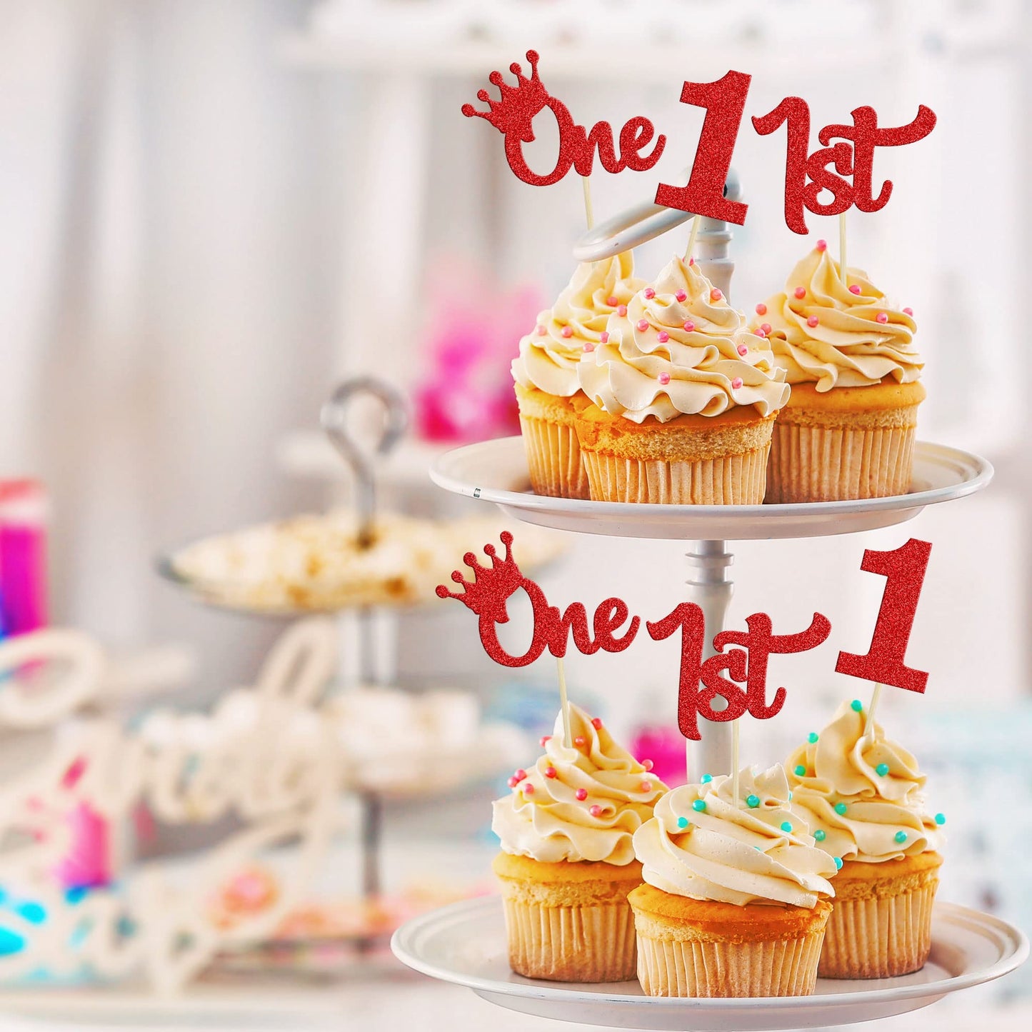 24Pcs 1st Birthday Cupcake Toppers Glitter First Birthday One Cupcake Picks for Baby Shower 1st Birthday Party Cake Decorations