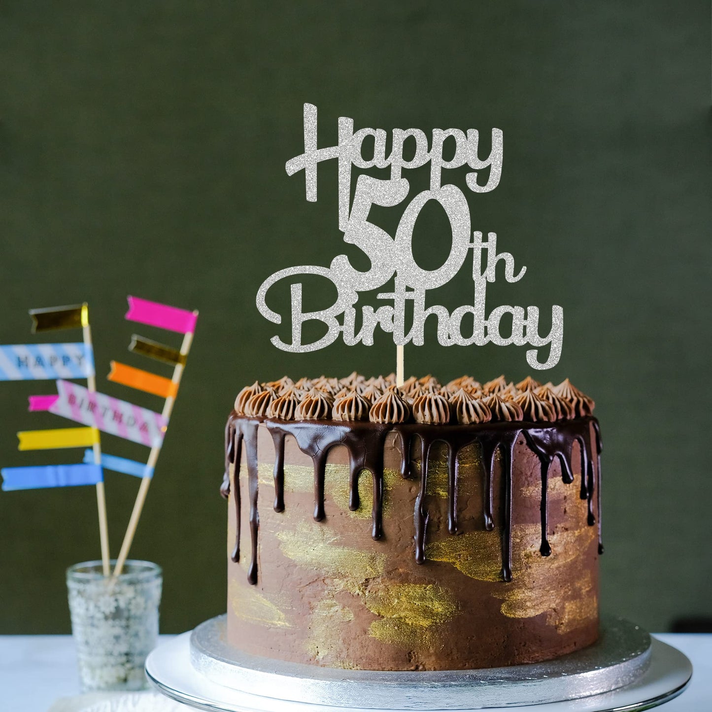 Sotpot Happy 50Th Birthday Cake Topper Silver Glitter 50Th Cake Toppers 50 Birthday Cake Decorations Cheers To 50 Fabulous Party