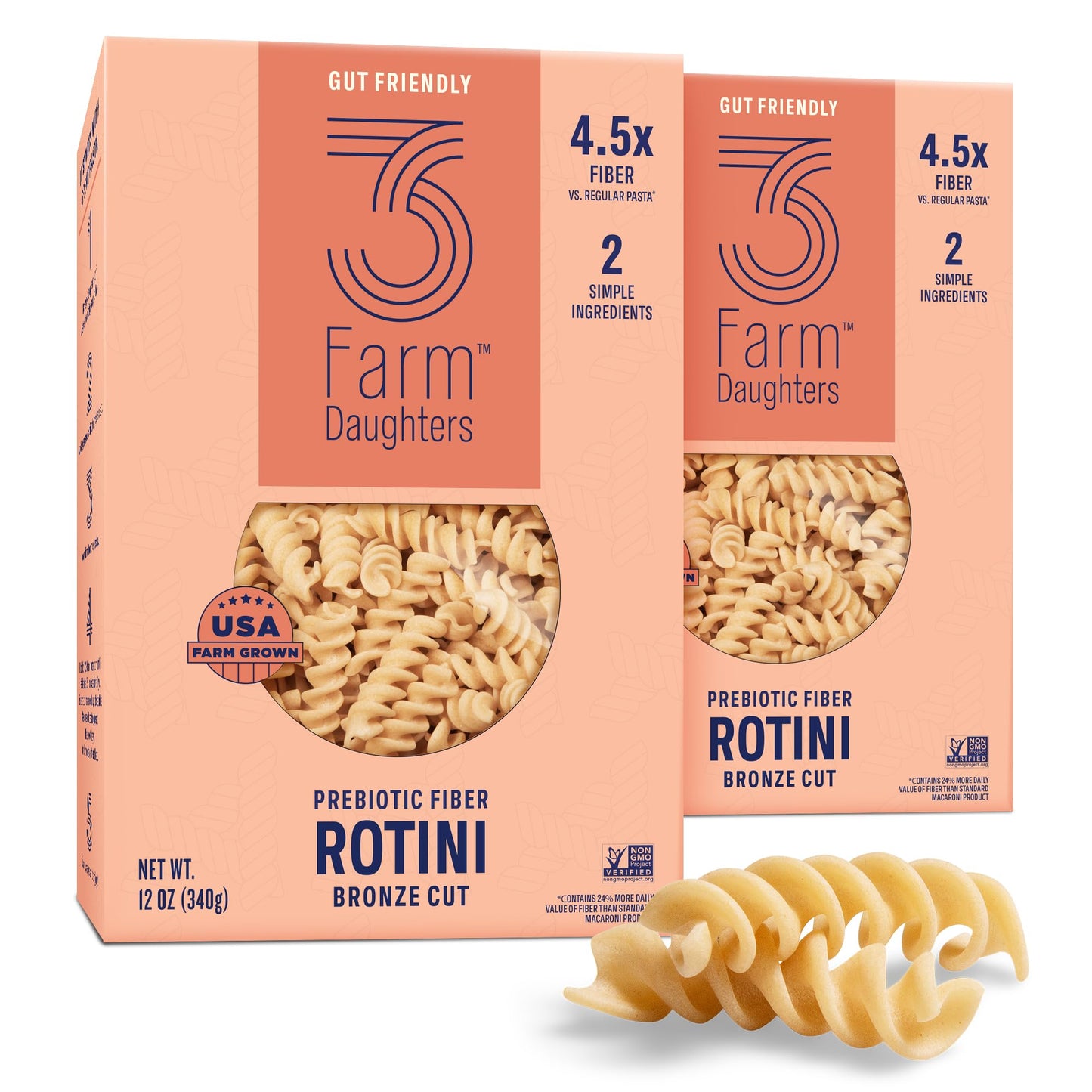 Three Farm Daughters High Fiber Pasta Rotini Pack, Low GI, Non GMO Rotini Pasta Noodles, Low Net Carb, Made in the USA, 12 oz. (