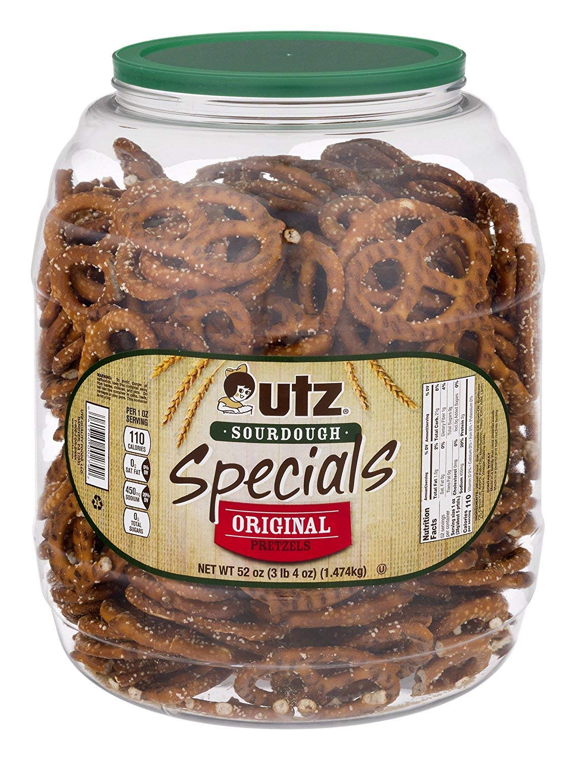 Utz Sourdough Specials Pretzels, Classic Knot Twist, Perfectly Salted, 52 oz Barrel