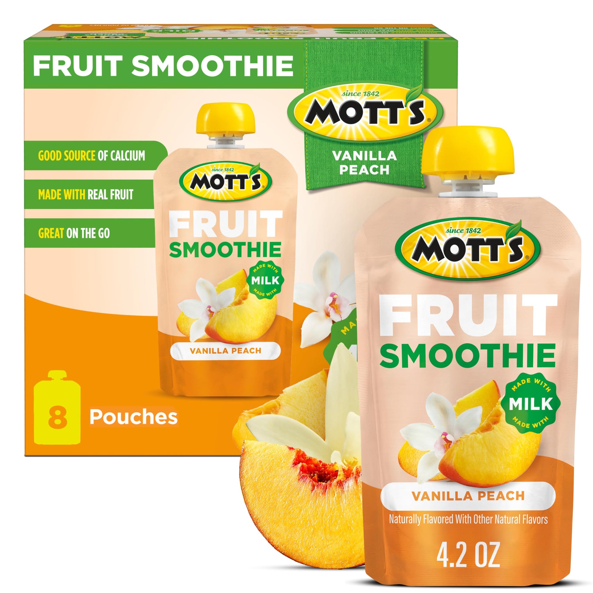 Motts Fruit Smoothies Vanilla Peach, 4.2 oz clear pouches, 8 Pack, Made With Milk, Made With Real Fruit, Good Source of Calcium,