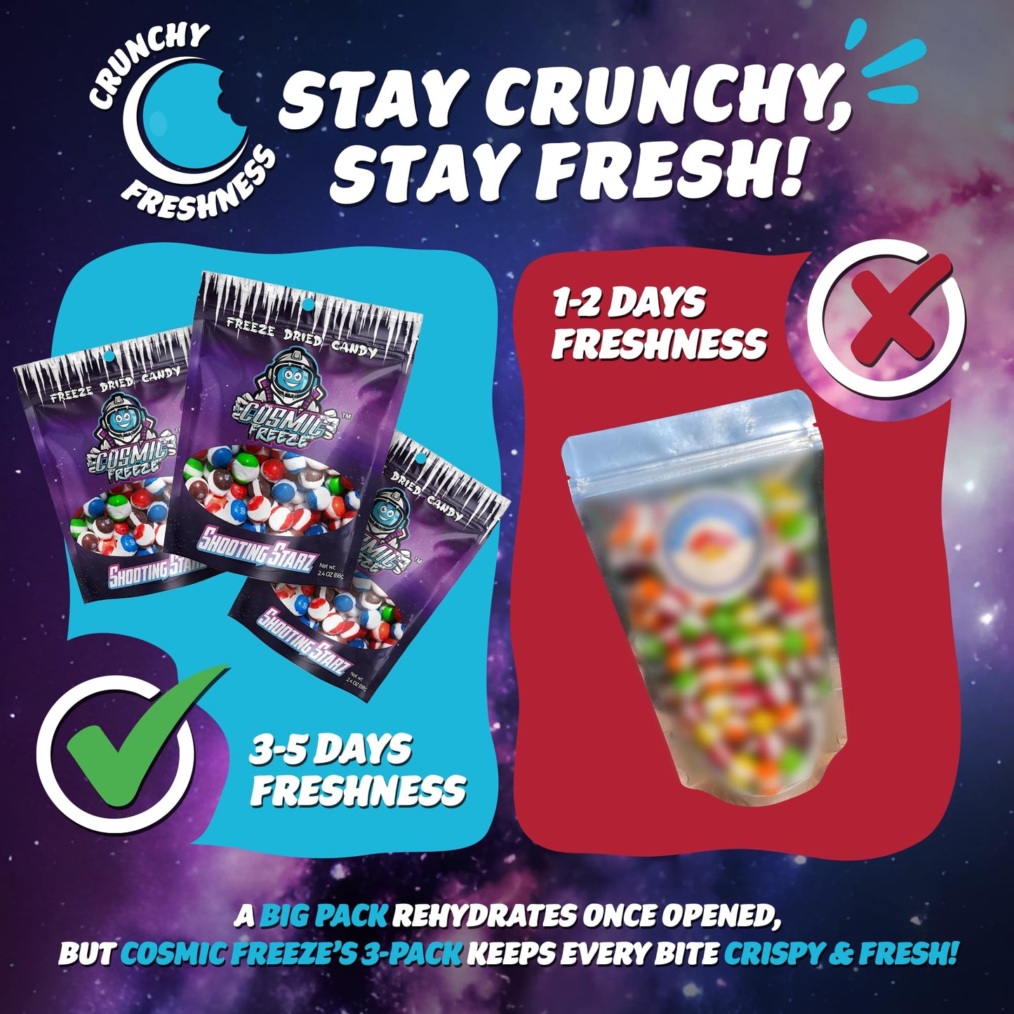 Cosmic Freeze Shooting Starz Dried Candy, Crunchy Dry Candy For Mix-In Snacks Dried, Gluten-Free, Made In Usa, 2.4 Oz, 3-Pack