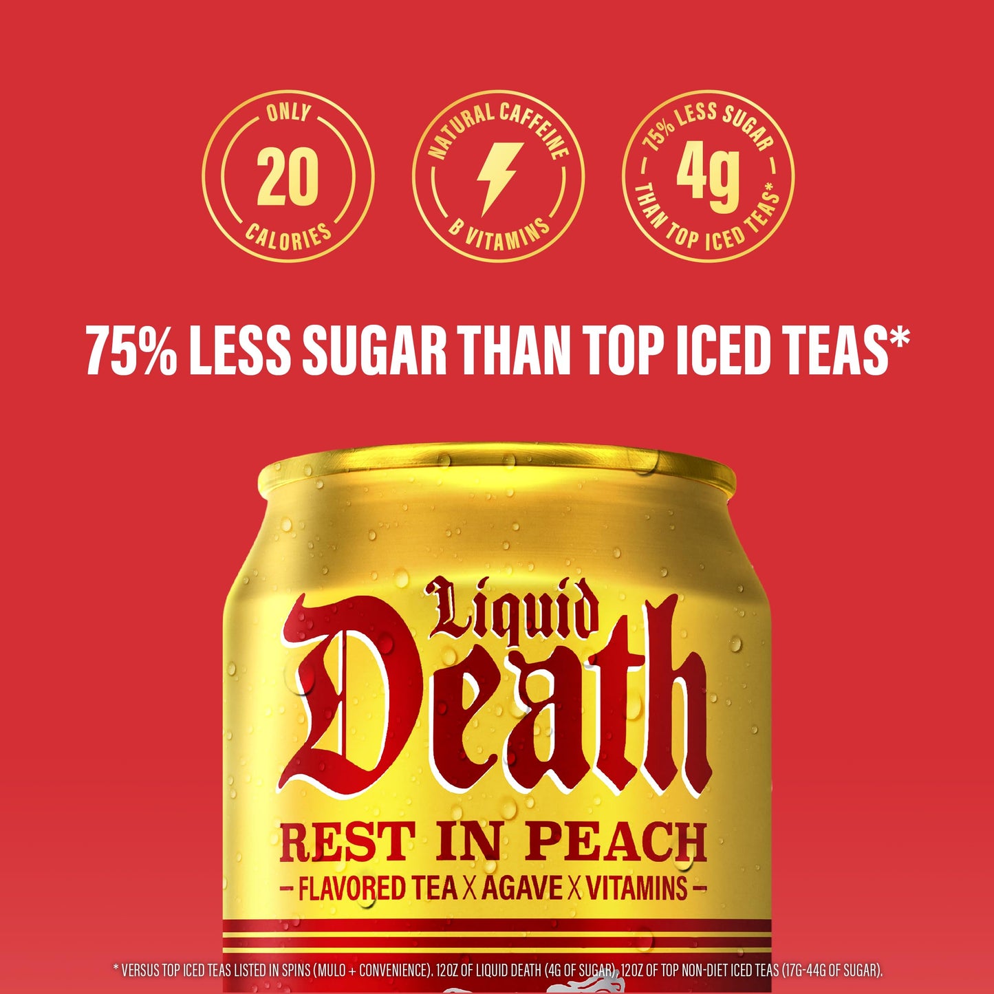 Liquid Death, Rest In Peach Iced Tea, 12-Pack (12 Oz Cans), Peach Flavored Back Tea, Low Calorie, No Artificial Sweeteners, B12