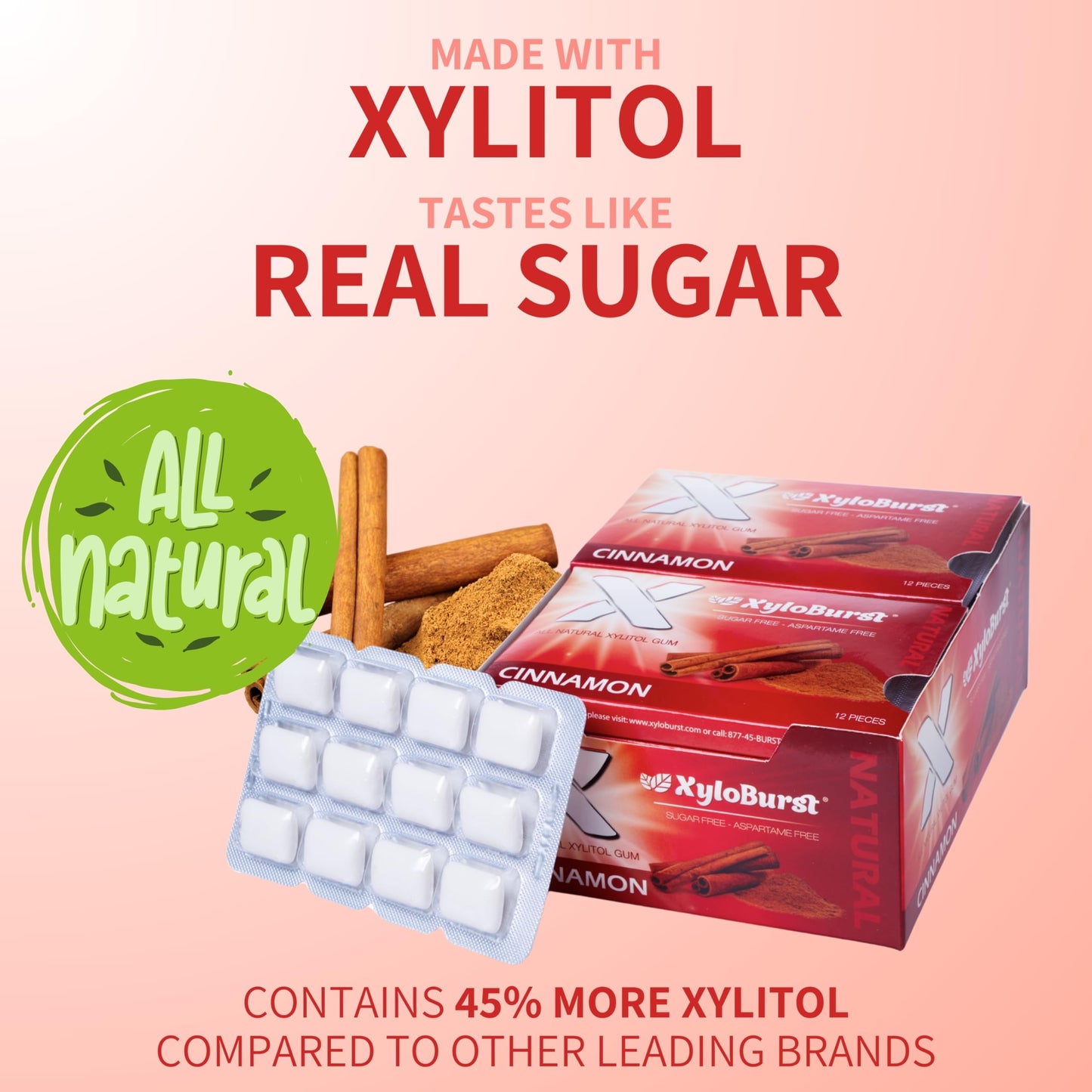 Xyloburst Xylitol Chewing Gum, Sugar Free, Gluten Free, Keto Friendly, Cinnamon, 12 Count, Reddish-brown