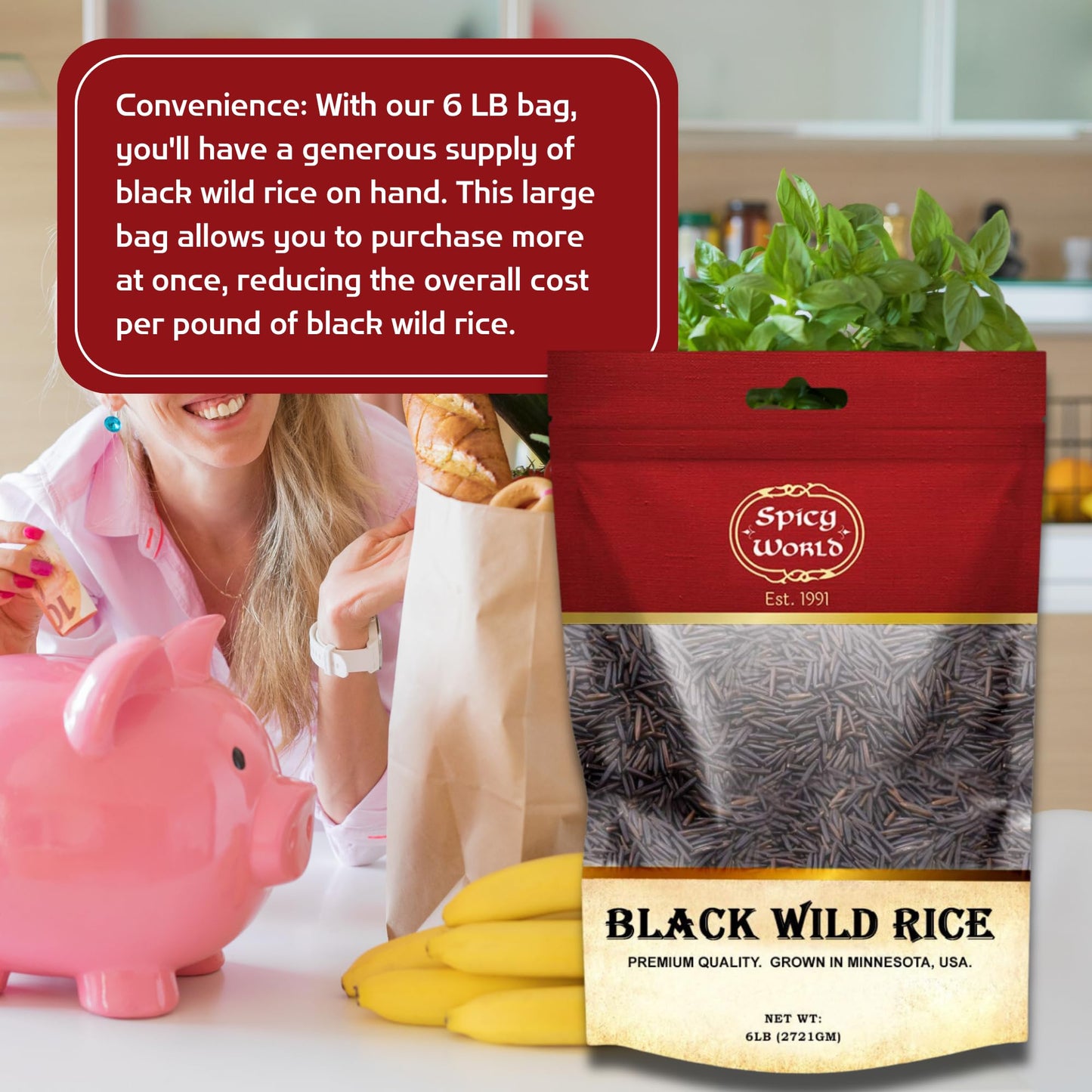 Minnesota Grown Black Wild Rice 6 Pound Bag - Premium Quality, All Natural - By Spicy World