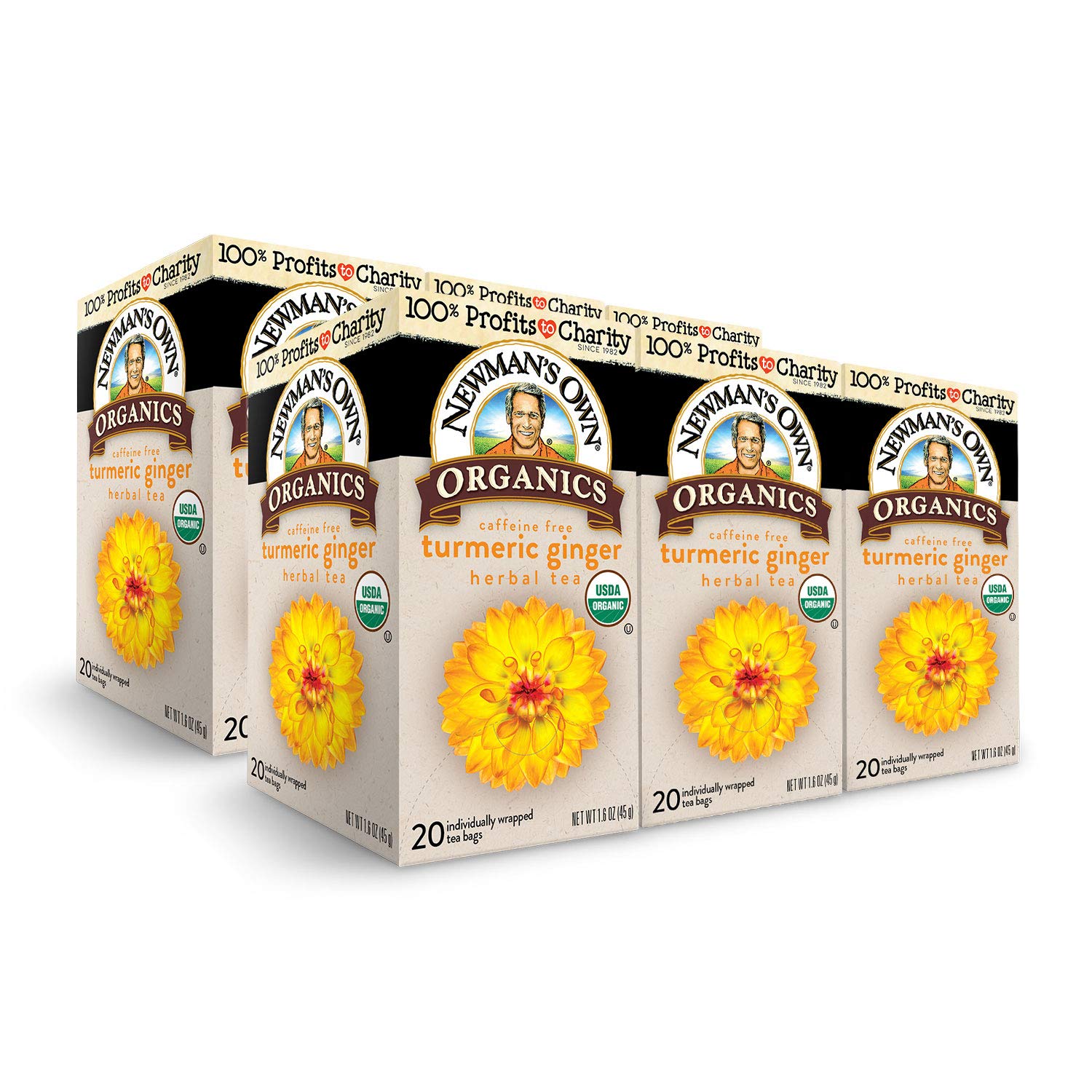 Newmans Own Organic Turmeric Ginger Herbal Tea, Caffeine-Free, 6 Pack of 20 Tea Bags, Savory & Spicy Flavors