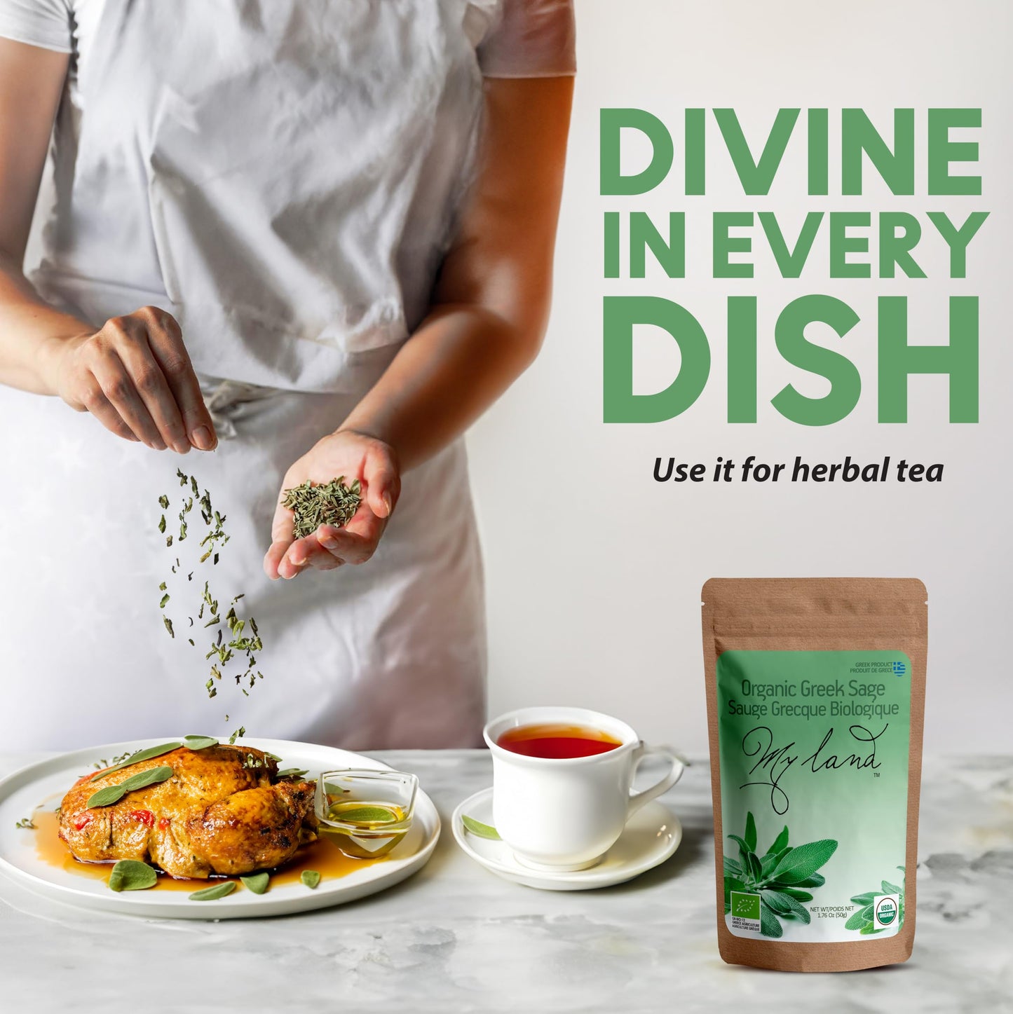 MY LAND Organic Sage Tea, Loose Leaf, 1.76oz, Dried Sage Leaves from Greece