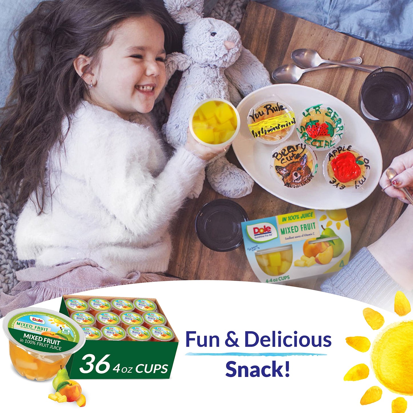 Dole Fruit Bowls Mixed Fruit In 100% Juice Snacks, 4Oz 36 Total Cups, Gluten & Dairy Free, Bulk Lunch Snacks For Kids & Adults