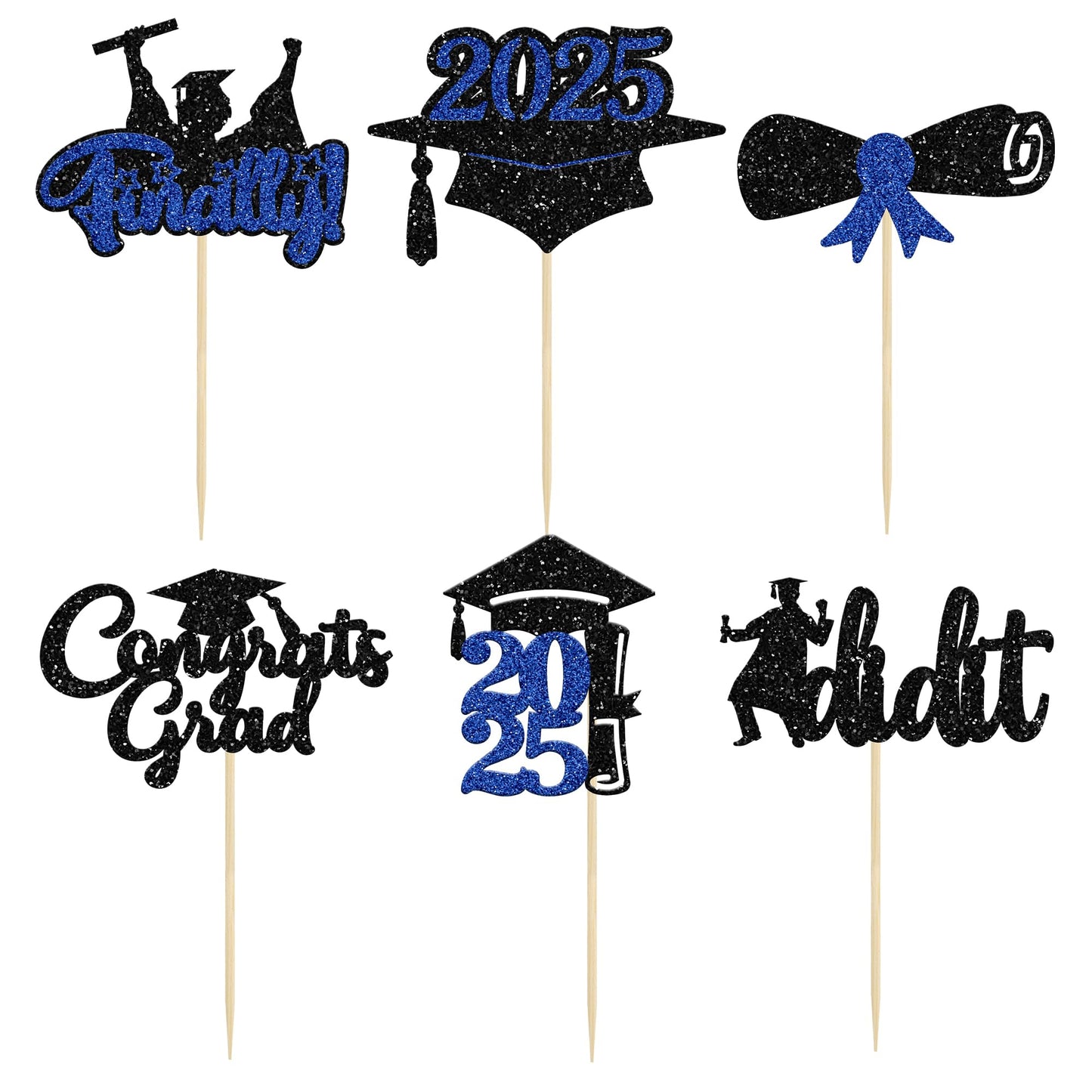 Gyufise 24Pcs 2025 Graduation Theme Cupcake Toppers Deep Blue Glitter Class Of 2025 Diploma I Did It Congrats Grad Cap Cupcake P