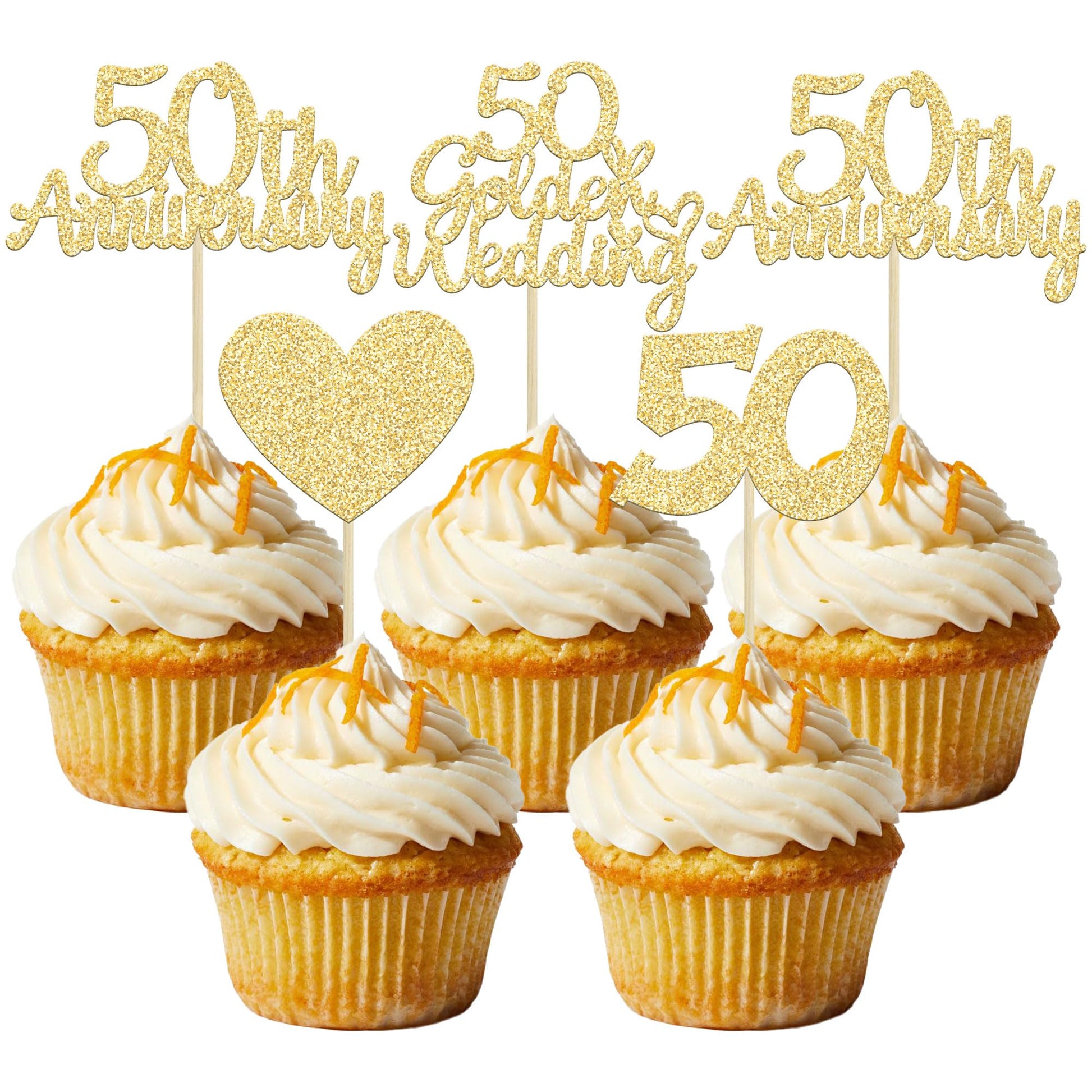 Gyufise 24Pcs 50Th Wedding Anniversary Cupcake Toppers Gold Glitter 50Th Golden Wedding Anniversary Heart Cake Decoration For Ce