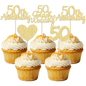Gyufise 24Pcs 50Th Wedding Anniversary Cupcake Toppers Gold Glitter 50Th Golden Wedding Anniversary Heart Cake Decoration For Ce