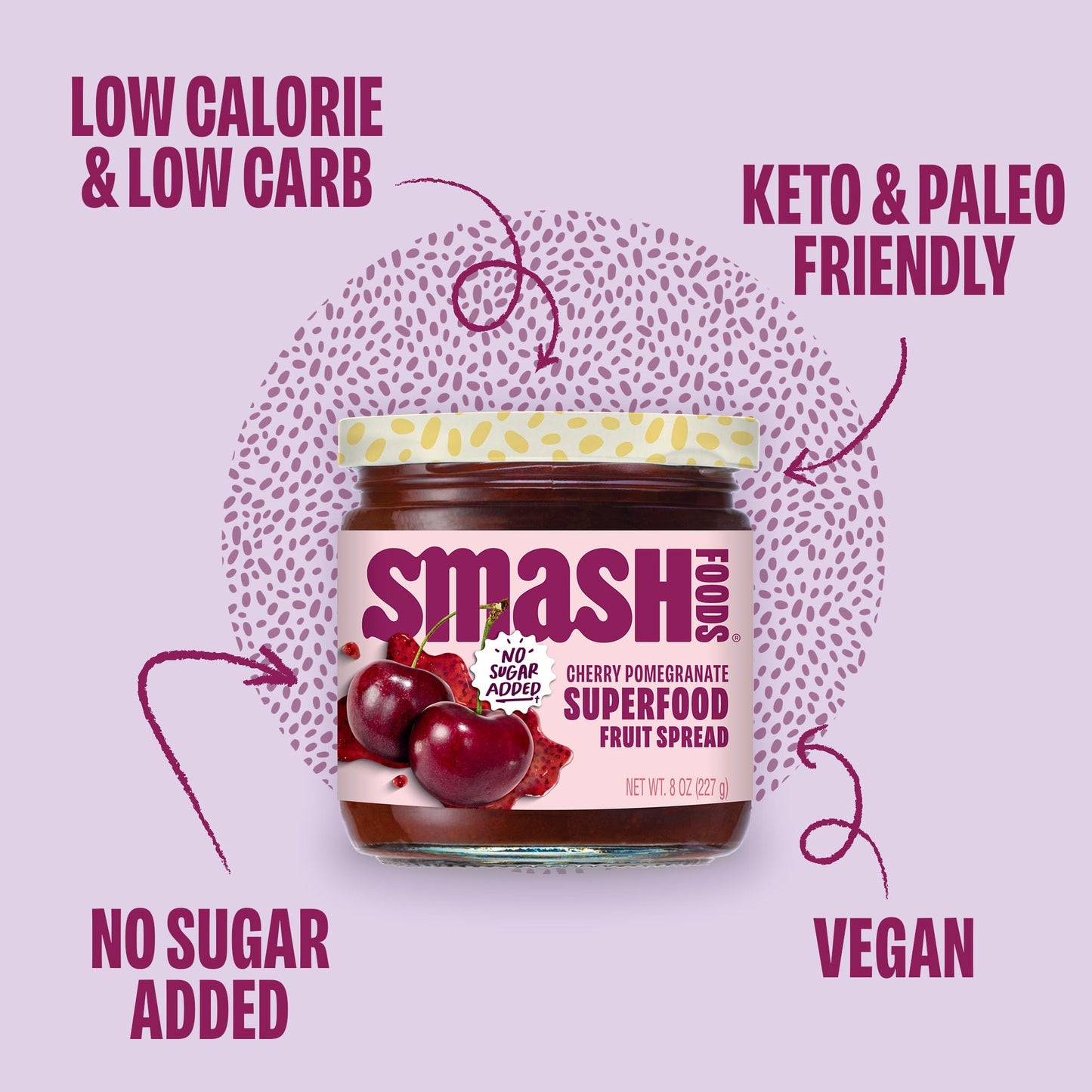Smash Foods Cherry Pomegranate Jam | Low-Calorie, No Sugar Added Keto Jam With Upcycled Fruit & Chia Seeds | Vegan, Paleo Superf