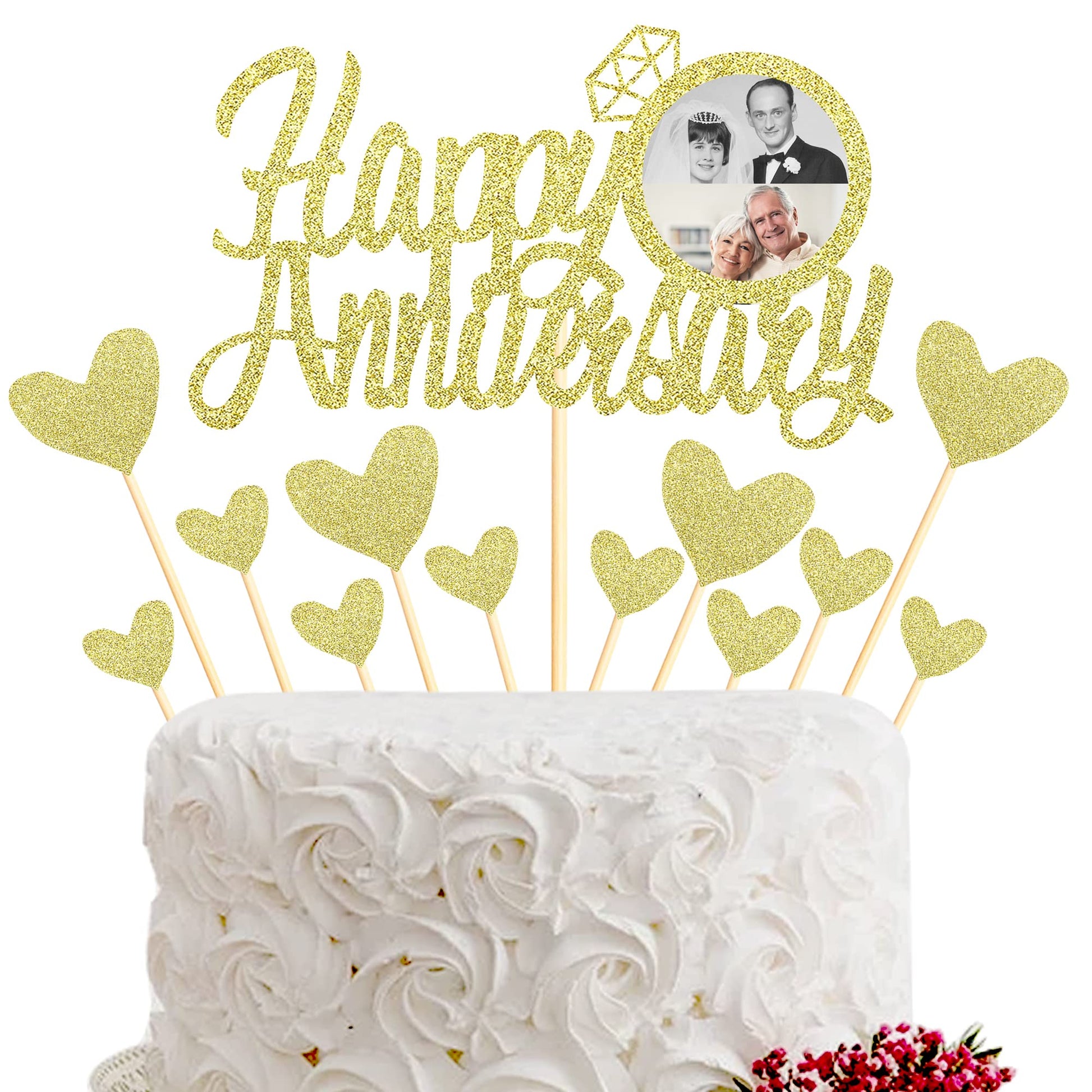 Sumerk Gold Glitter Anniversary Cake Topper - 13 PCS, Medium, Wood, Happy Anniversary Decorations