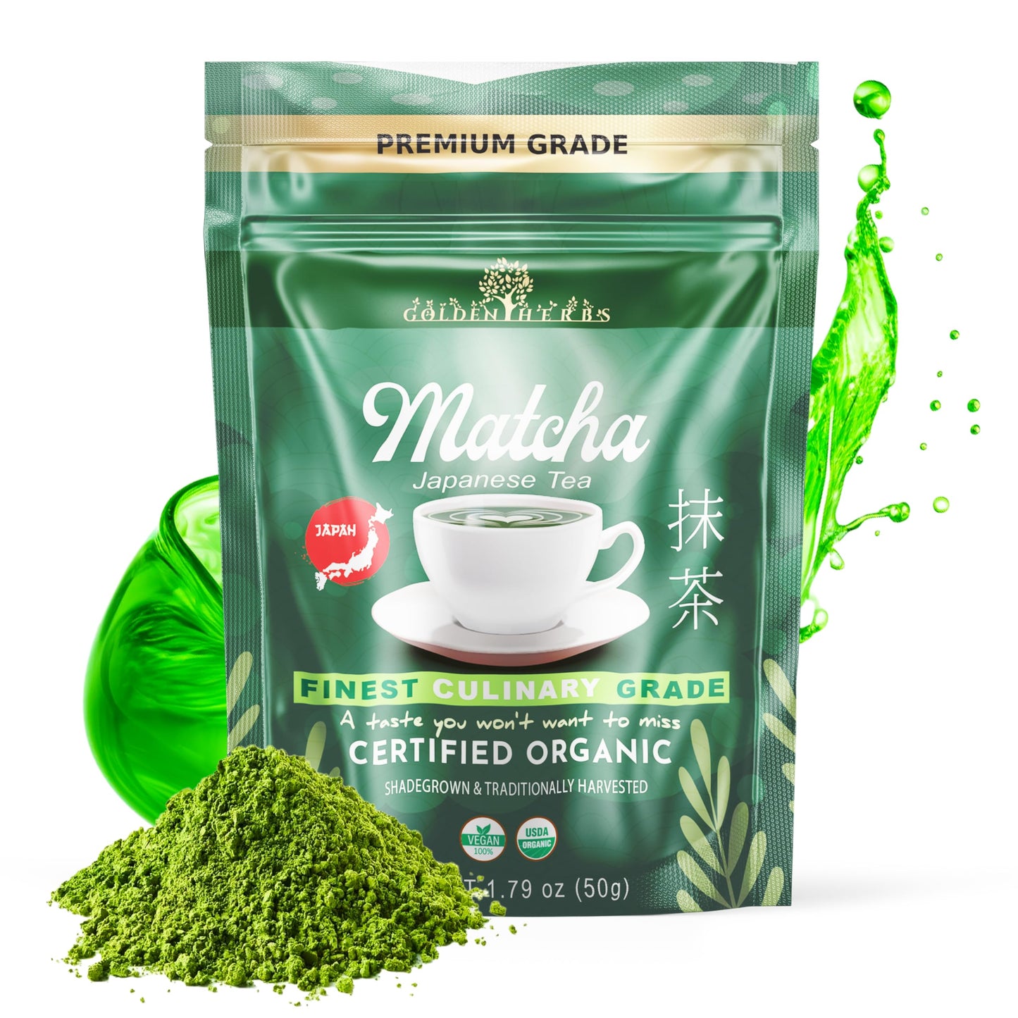 GOLDEN HERBS Matcha Green Tea Powder, USDA Organic, Gluten-Free Vegan, 60 Grams, Culinary Quality, Resealable Pouch