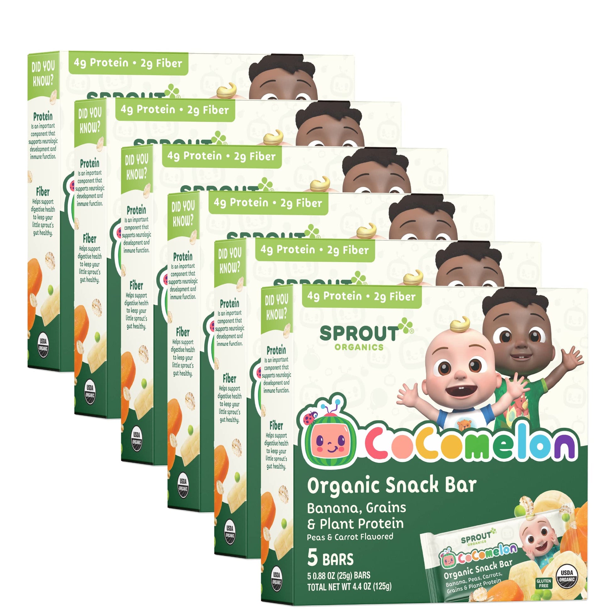 Cocomelon Sprout Organic Baby Food, Toddler Snacks, Bananas, Peas And Carrots Snack Bar (6 Pack)